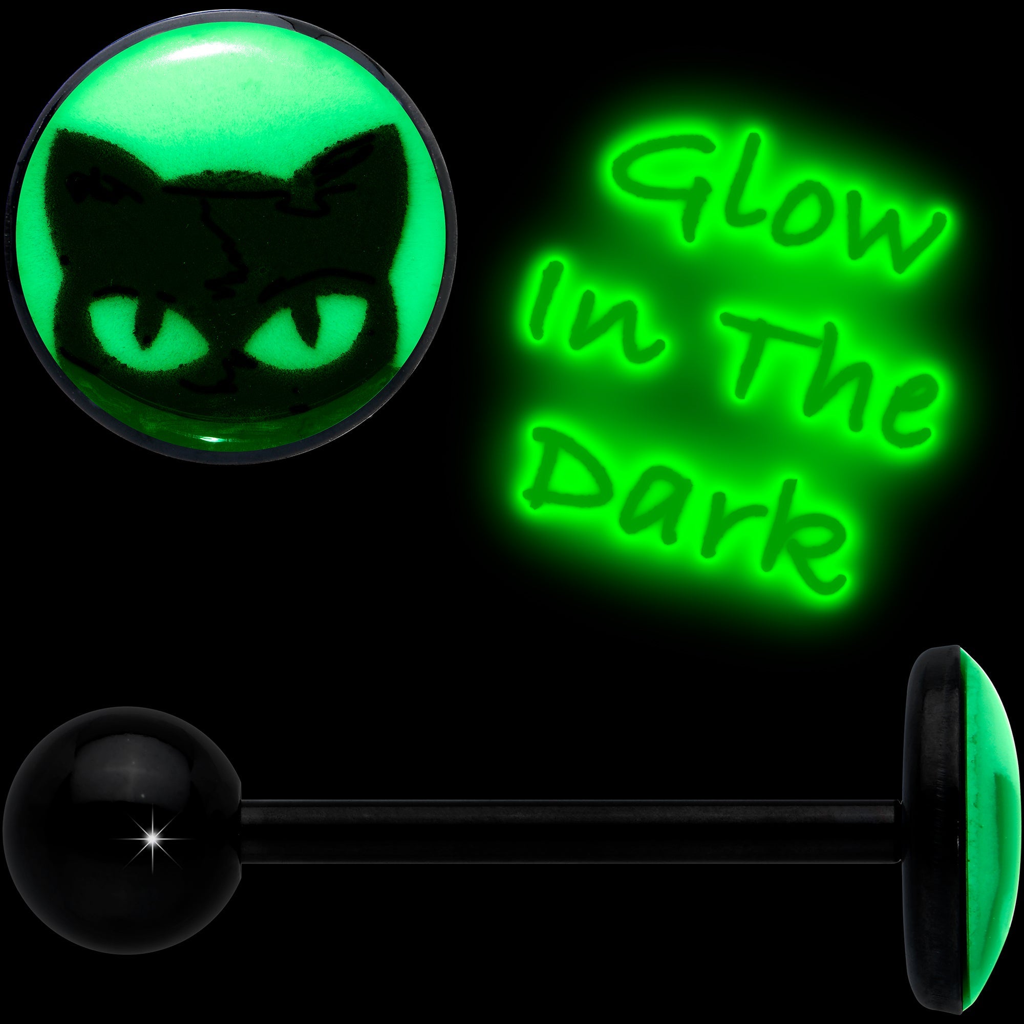 BodyCandy Glow in the Dark Black Anodized Peeking Black Cat Barbell Tongue Ring by Onyx O — detail close-up