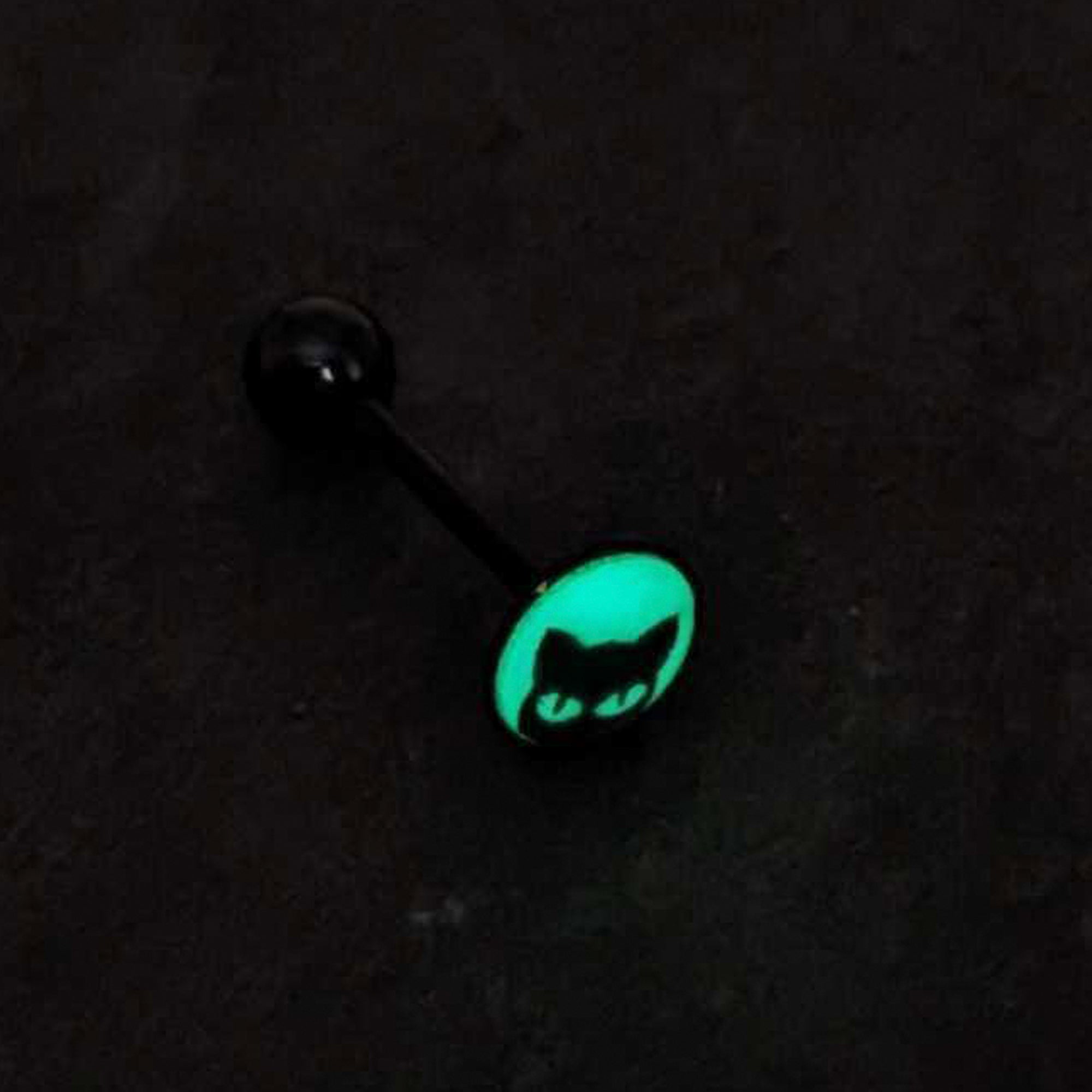 BodyCandy Glow in the Dark Black Anodized Peeking Black Cat Barbell Tongue Ring by Onyx O — back view
