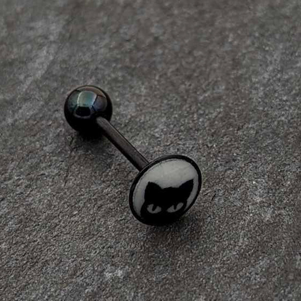 BodyCandy Glow in the Dark Black Anodized Peeking Black Cat Barbell Tongue Ring by Onyx O — alternative angle