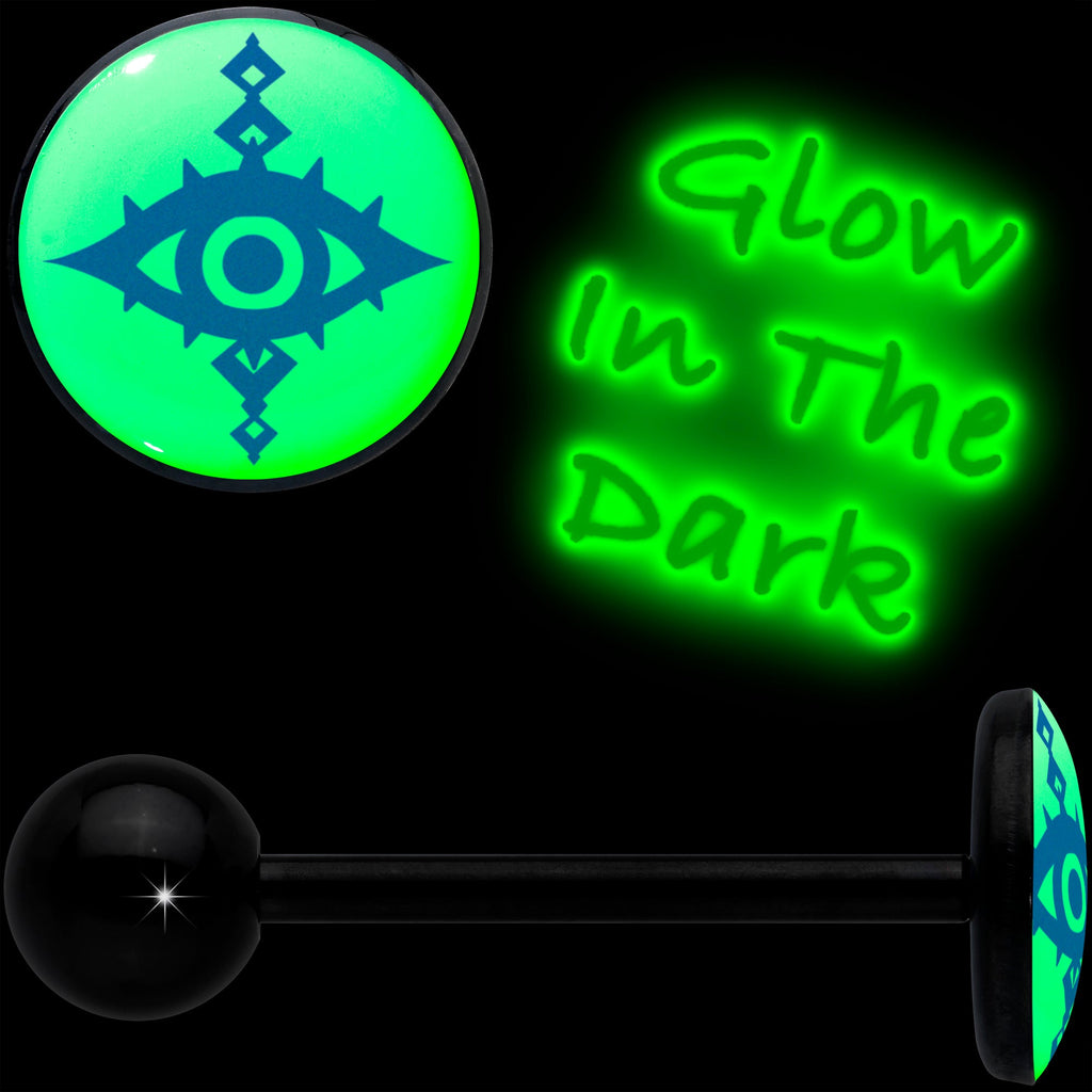 BodyCandy Glow in the Dark Black Anodized Evil Eye Barbell Tongue Ring by Onyx O — detail close-up