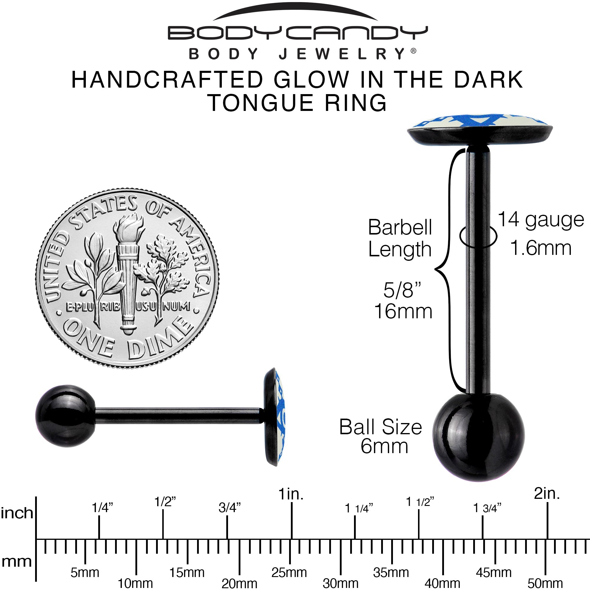 BodyCandy Glow in the Dark Black Anodized Evil Eye Barbell Tongue Ring by Onyx O — in-use photo