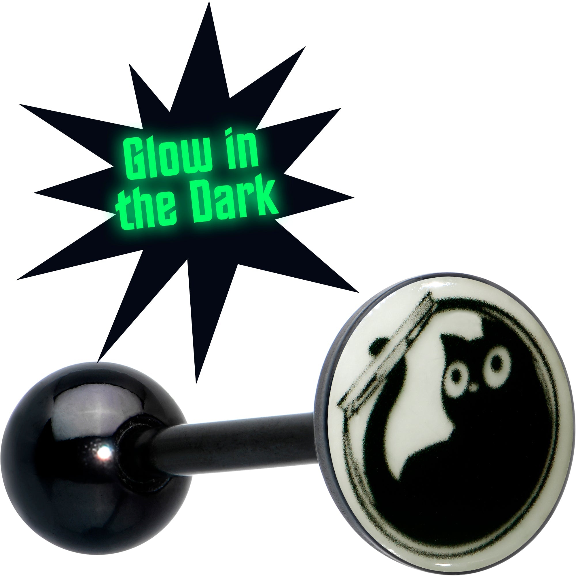BodyCandy Glow in the Dark Black Anodized Fishbowl Kitty Cat Barbell Tongue Ring by Onyx O — main product shot