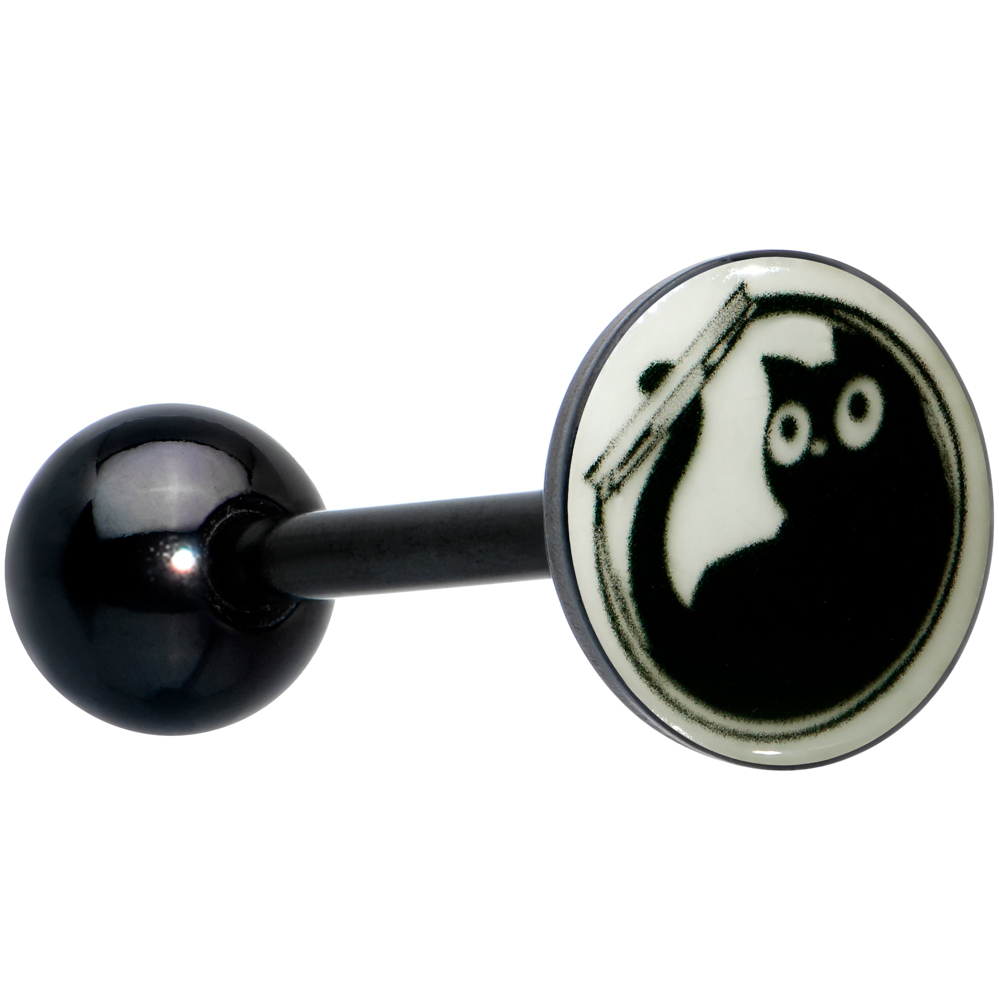 BodyCandy Glow in the Dark Black Anodized Fishbowl Kitty Cat Barbell Tongue Ring by Onyx O — lifestyle context