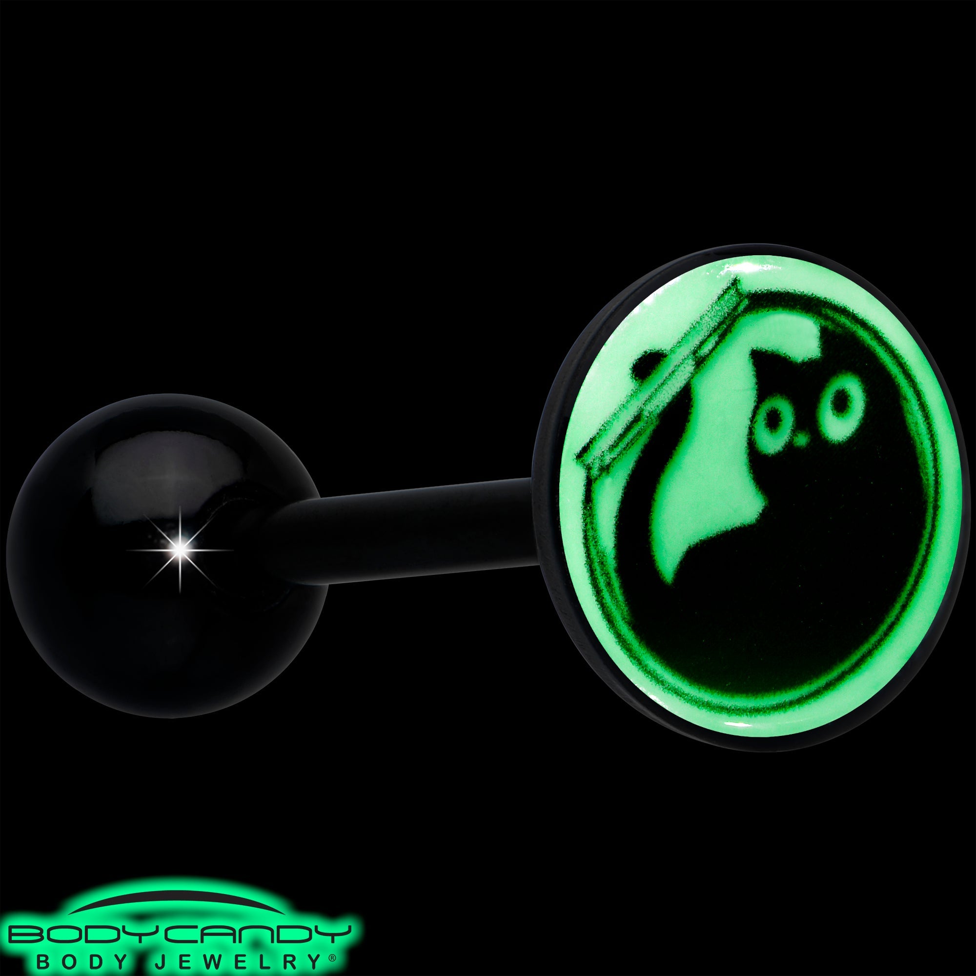 BodyCandy Glow in the Dark Black Anodized Fishbowl Kitty Cat Barbell Tongue Ring by Onyx O — in-use photo