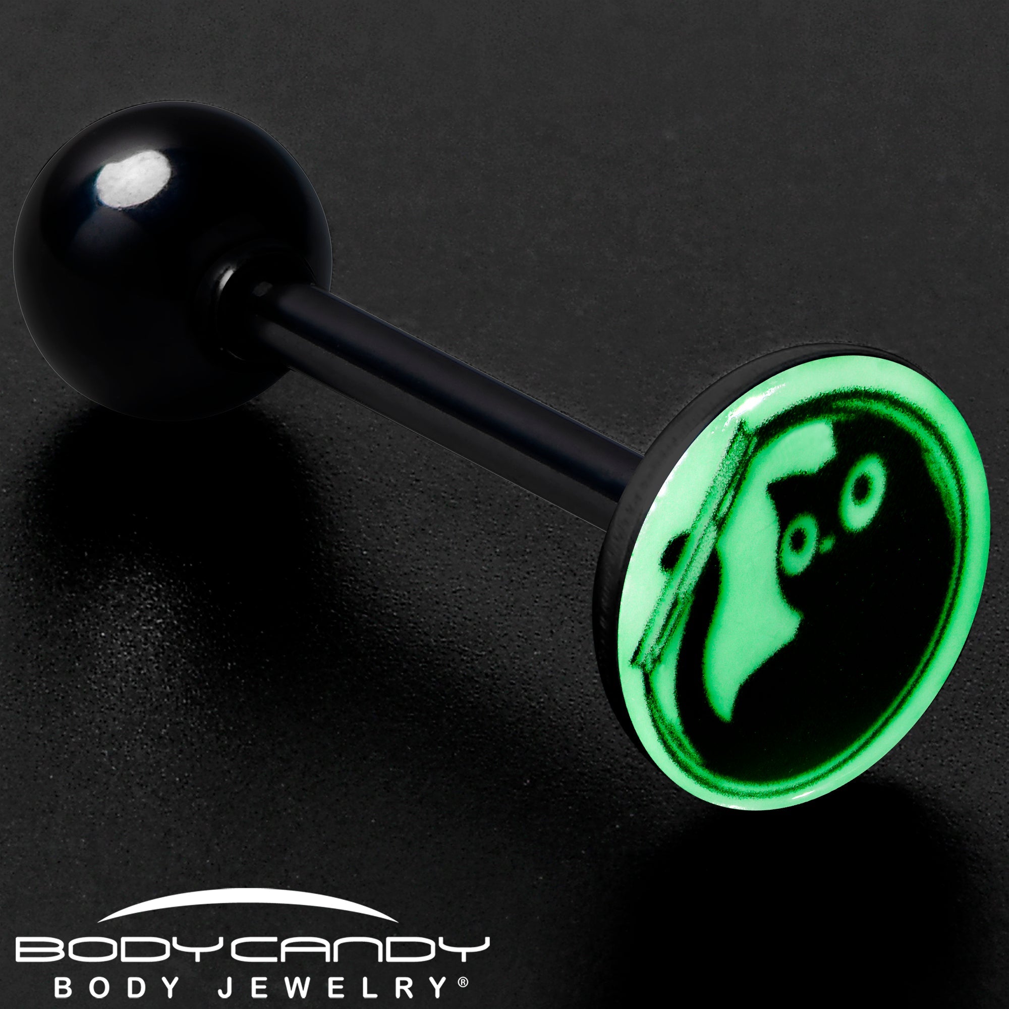 BodyCandy Glow in the Dark Black Anodized Fishbowl Kitty Cat Barbell Tongue Ring by Onyx O — color detail