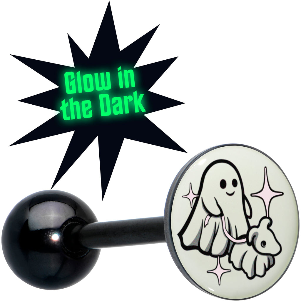 BodyCandy Glow in the Dark Black Anodized Halloween Ghost and Dog Barbell Tongue Ring by Onyx O — main product shot
