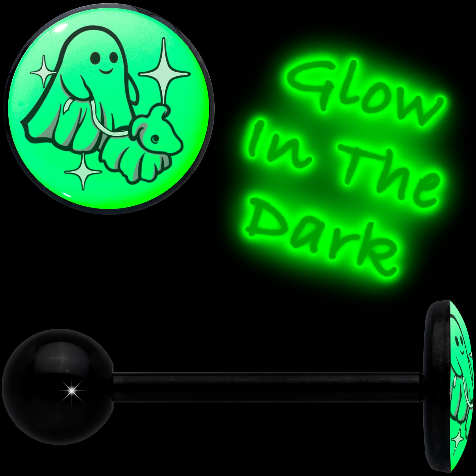 BodyCandy Glow in the Dark Black Anodized Halloween Ghost and Dog Barbell Tongue Ring by Onyx O — detail close-up