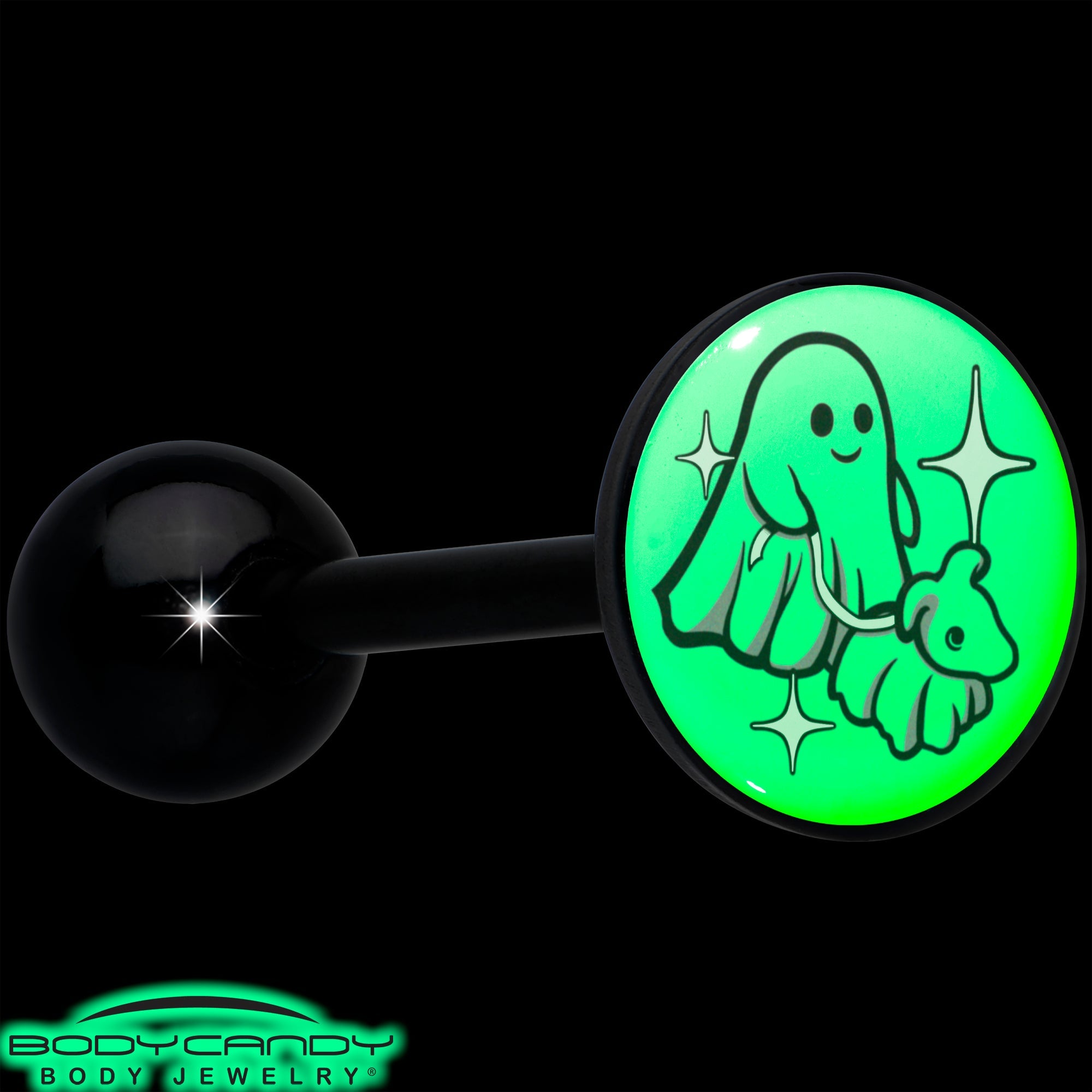 BodyCandy Glow in the Dark Black Anodized Halloween Ghost and Dog Barbell Tongue Ring by Onyx O — alternative angle