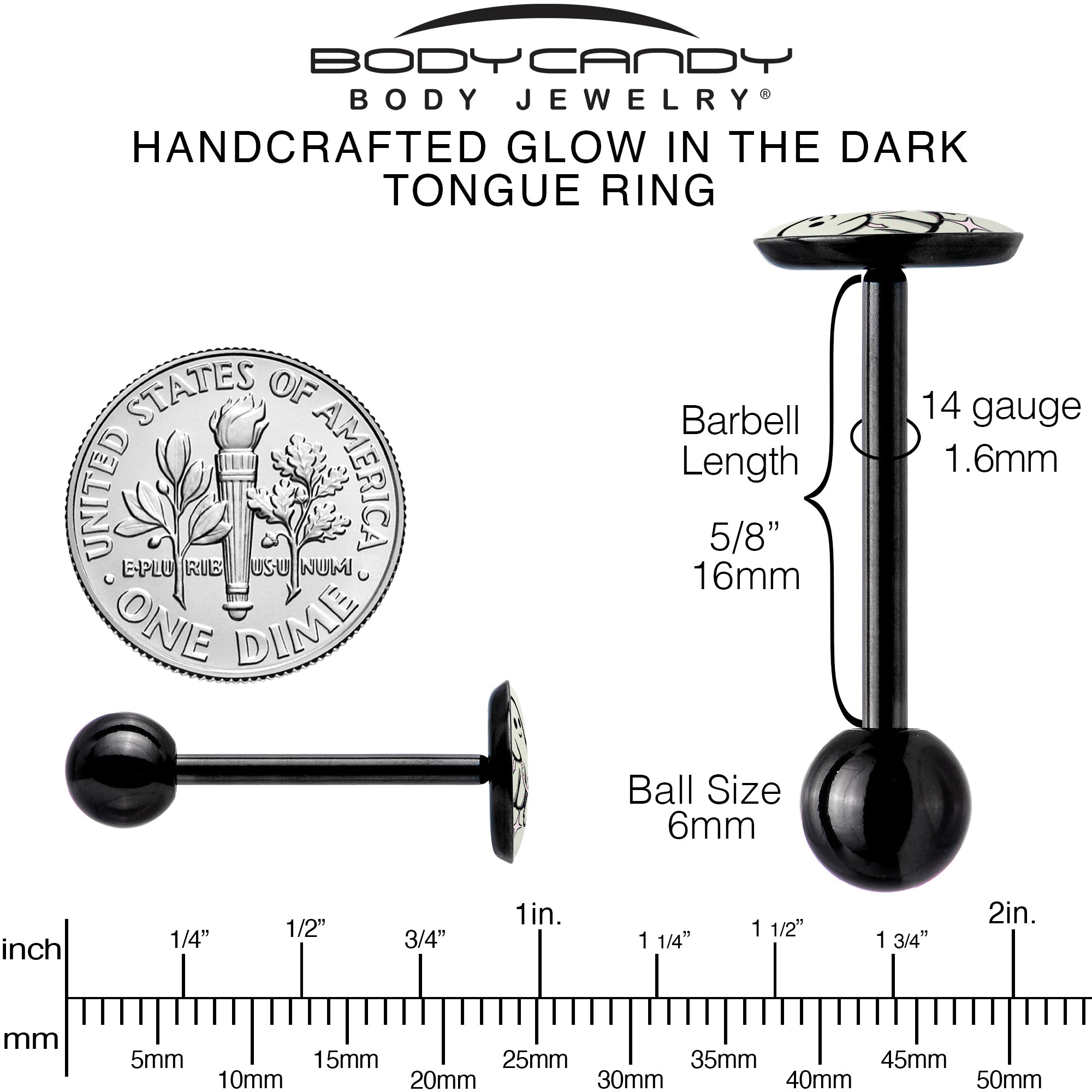 BodyCandy Glow in the Dark Black Anodized Halloween Ghost and Dog Barbell Tongue Ring by Onyx O — in-use photo
