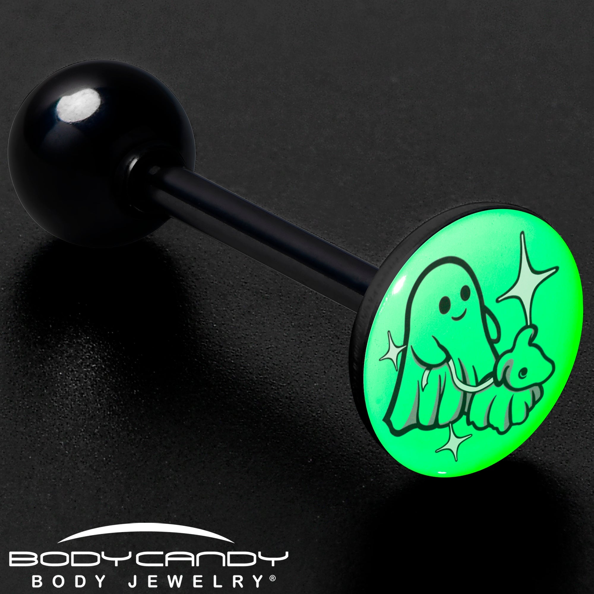 BodyCandy Glow in the Dark Black Anodized Halloween Ghost and Dog Barbell Tongue Ring by Onyx O — size reference