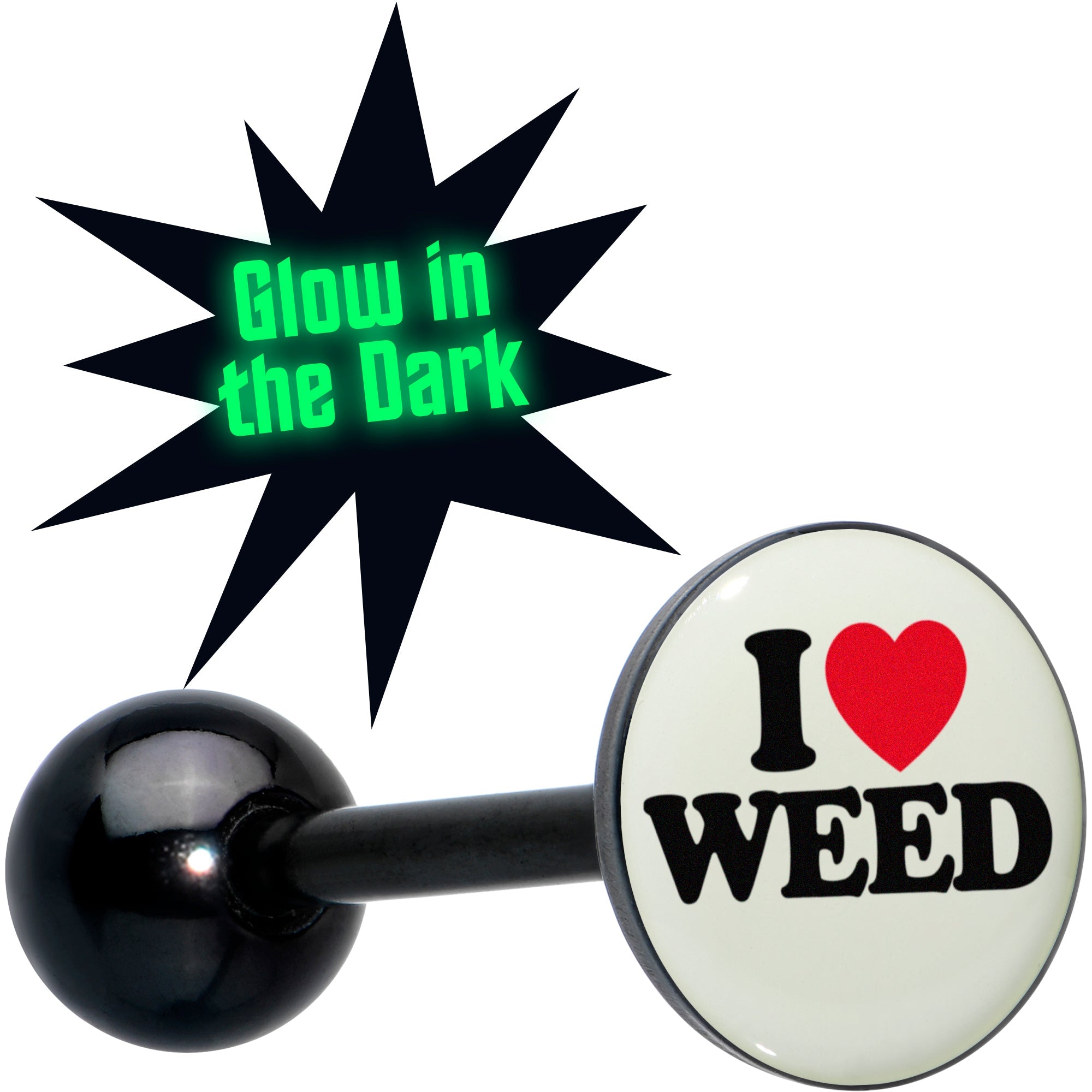 BodyCandy Glow in the Dark Black Anodized I Love Weed Barbell Tongue Ring by Onyx O — main product shot