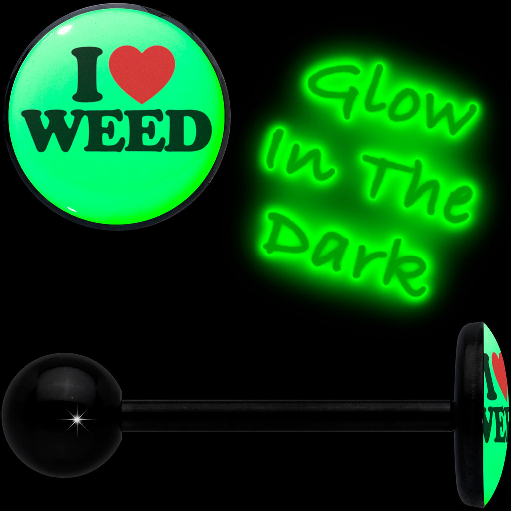 BodyCandy Glow in the Dark Black Anodized I Love Weed Barbell Tongue Ring by Onyx O — detail close-up