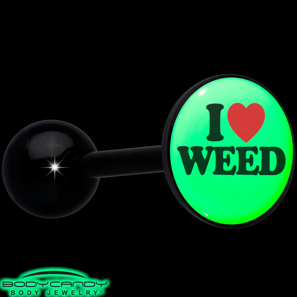 BodyCandy Glow in the Dark Black Anodized I Love Weed Barbell Tongue Ring by Onyx O — alternative angle