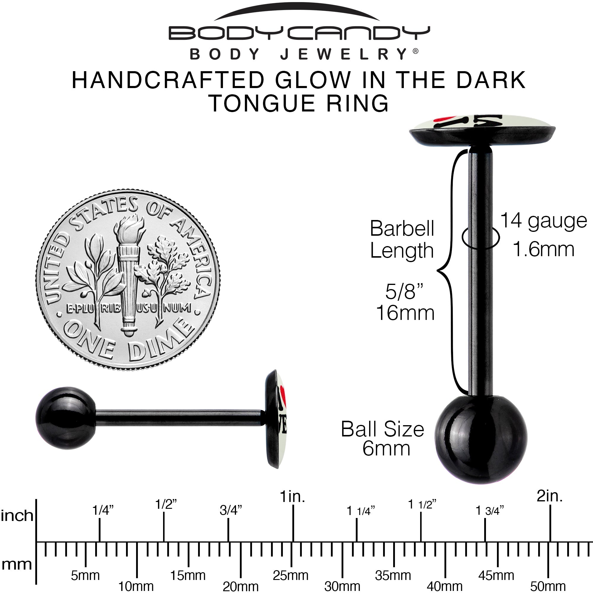 BodyCandy Glow in the Dark Black Anodized I Love Weed Barbell Tongue Ring by Onyx O — in-use photo