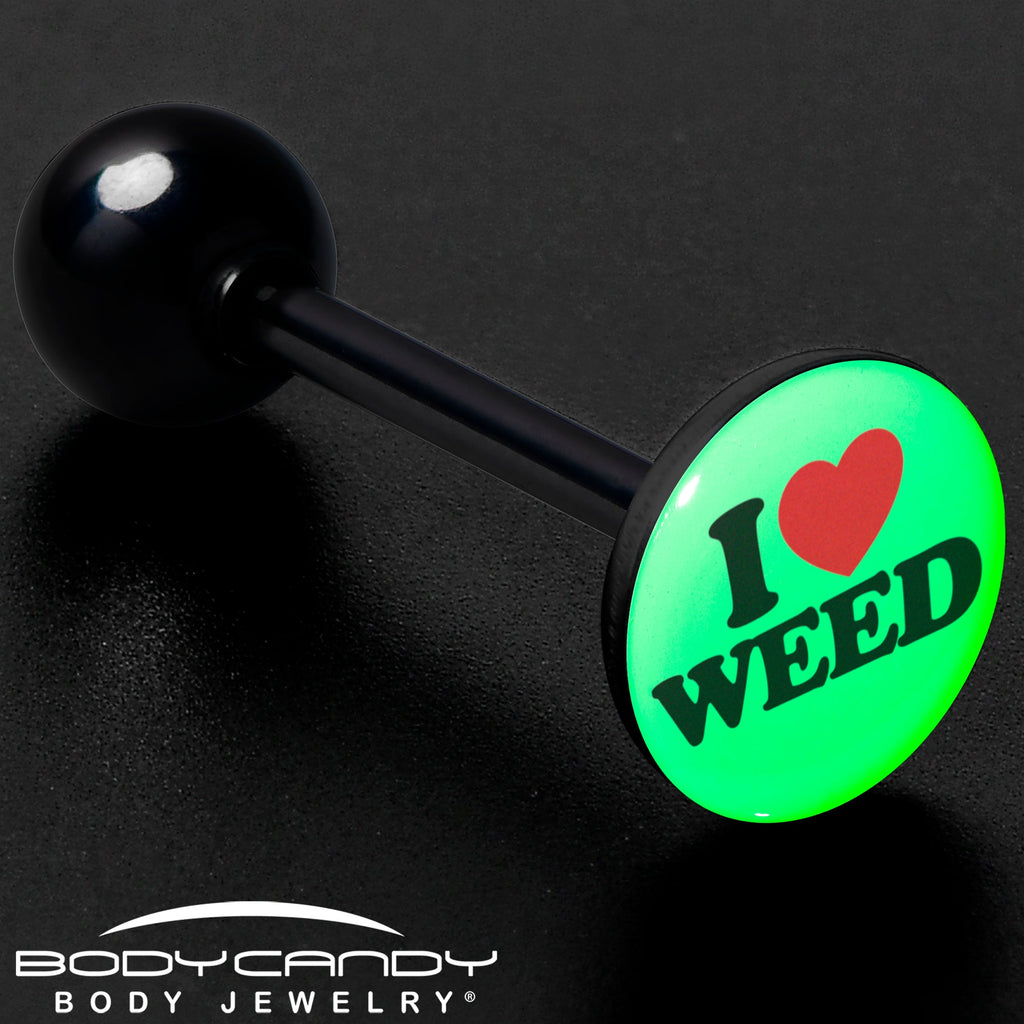 BodyCandy Glow in the Dark Black Anodized I Love Weed Barbell Tongue Ring by Onyx O — size reference