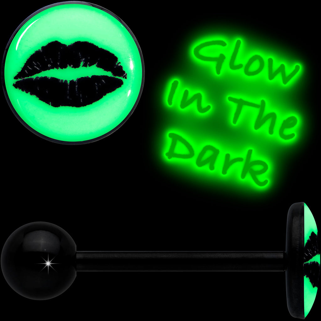 BodyCandy Black Glow in the Dark Lipstick Kiss Mark Barbell Tongue Ring by Onyx O — detail close-up
