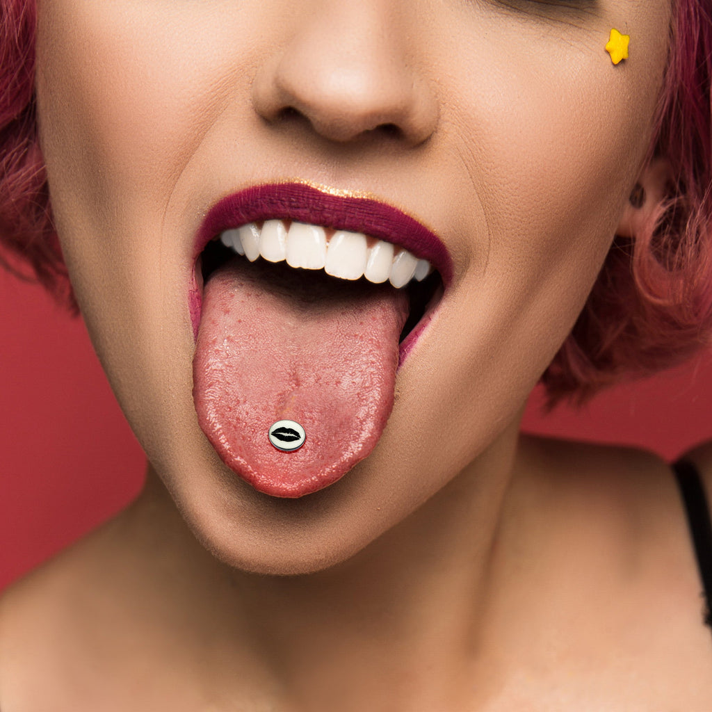 BodyCandy Black Glow in the Dark Lipstick Kiss Mark Barbell Tongue Ring by Onyx O — lifestyle context