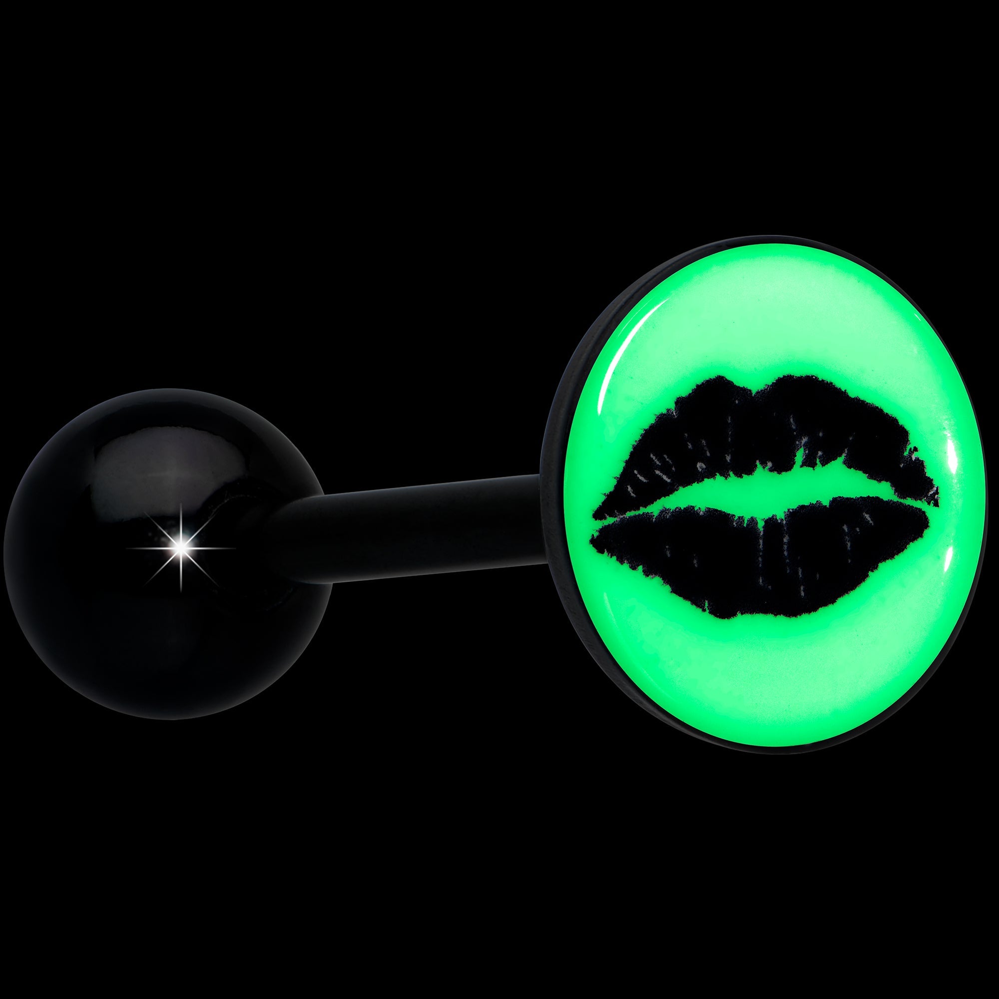 BodyCandy Black Glow in the Dark Lipstick Kiss Mark Barbell Tongue Ring by Onyx O — alternative angle