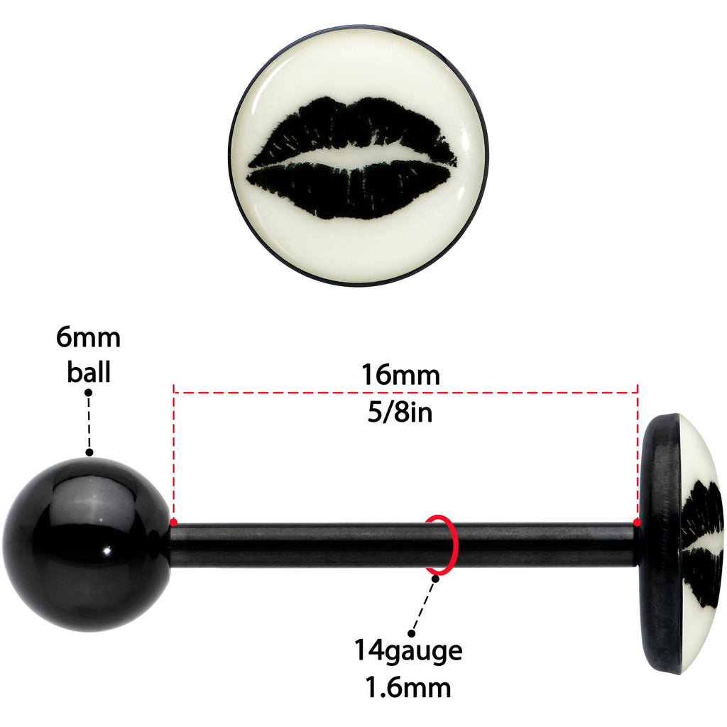 BodyCandy Black Glow in the Dark Lipstick Kiss Mark Barbell Tongue Ring by Onyx O — size reference
