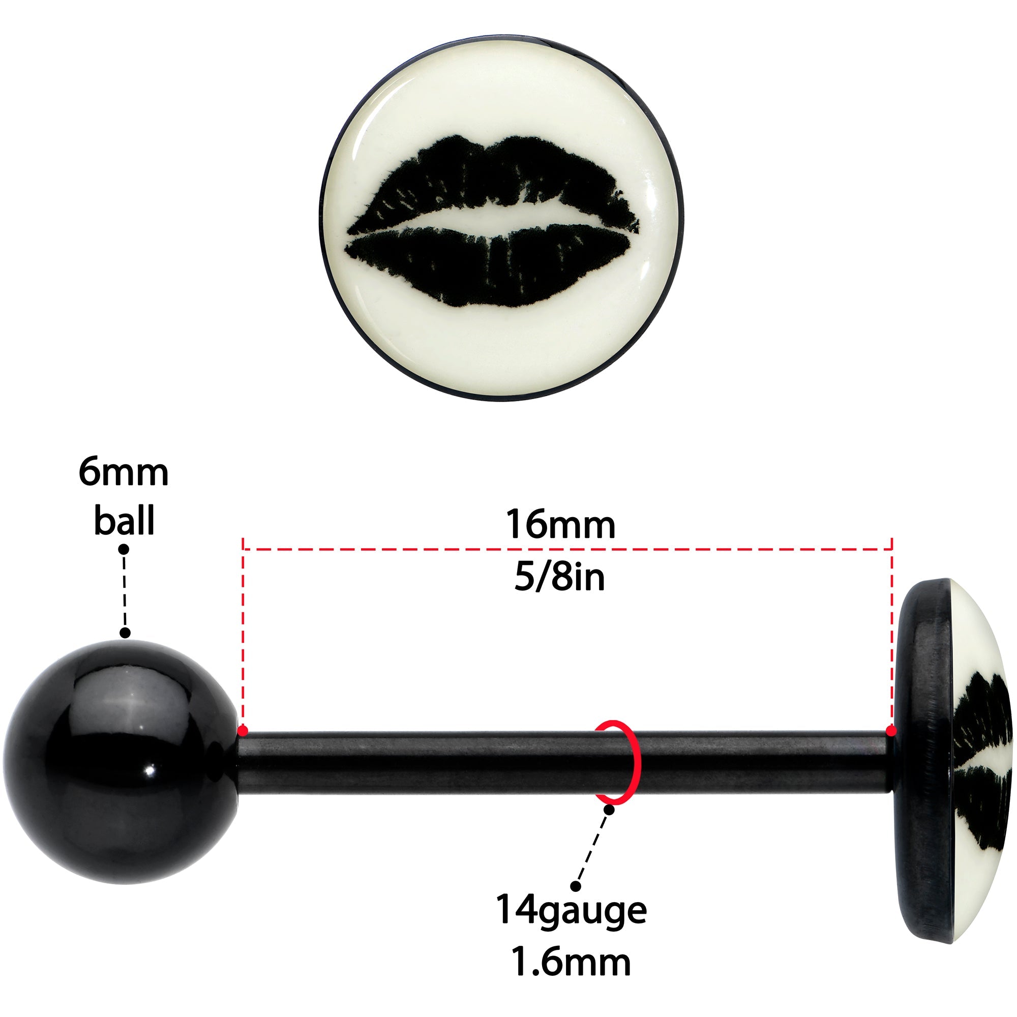 BodyCandy Black Glow in the Dark Lipstick Kiss Mark Barbell Tongue Ring by Onyx O — size reference