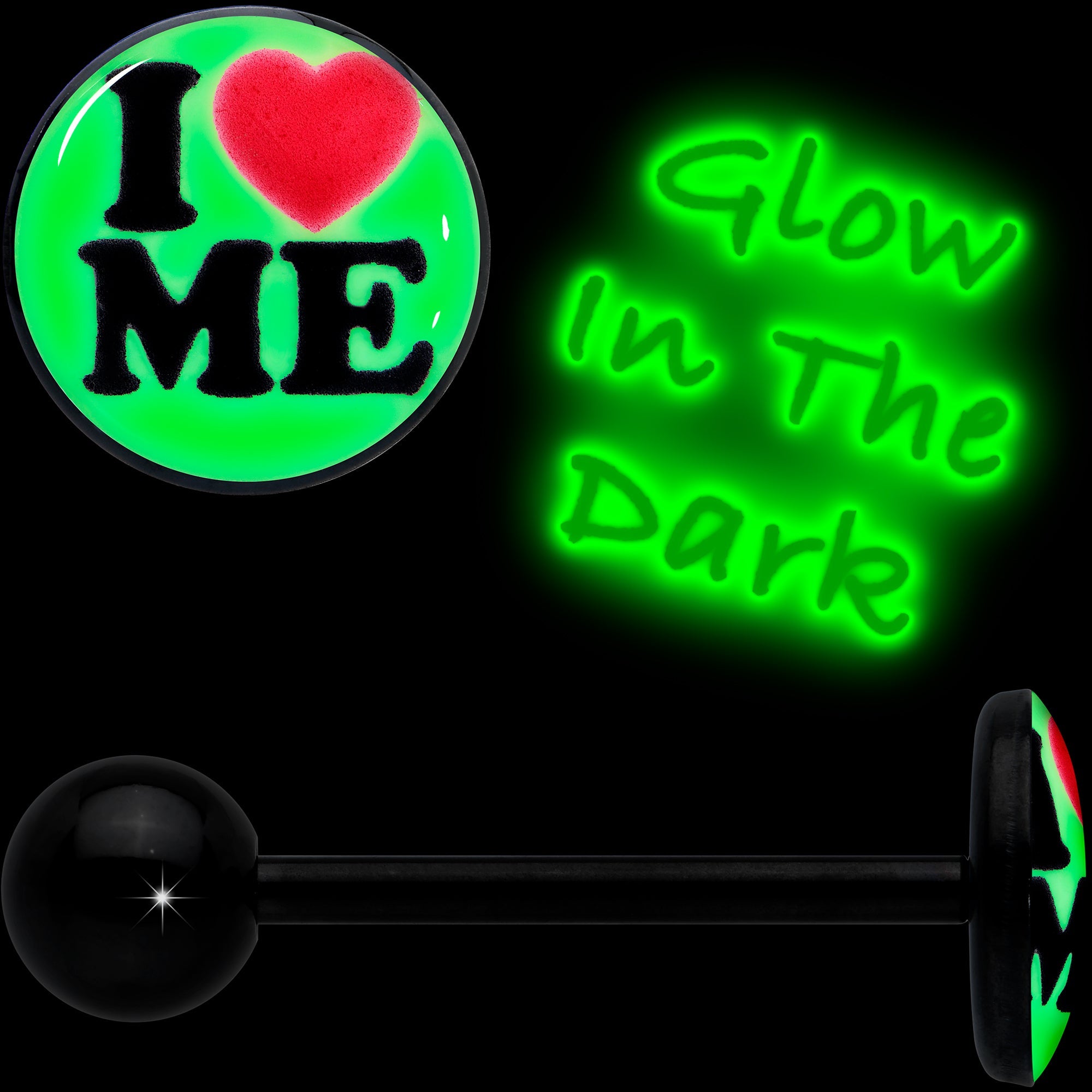BodyCandy Black Glow in the Dark I Love Me Barbell Tongue Ring by Onyx O — detail close-up