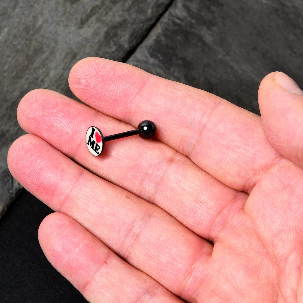 BodyCandy Black Glow in the Dark I Love Me Barbell Tongue Ring by Onyx O — side view