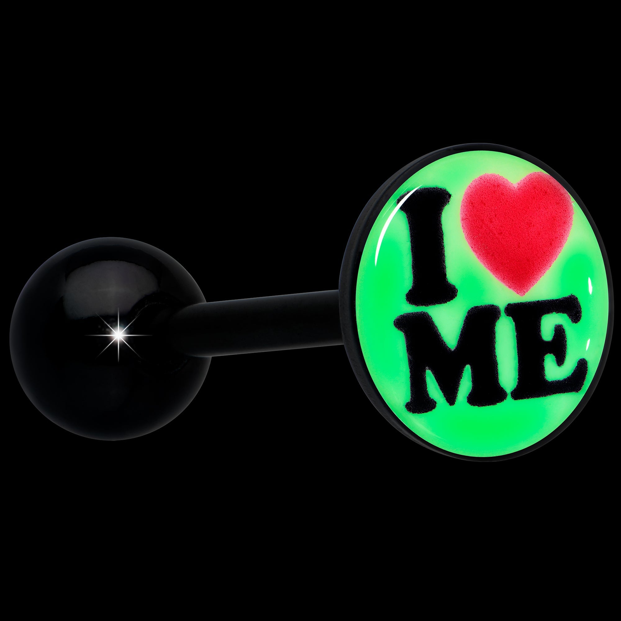 BodyCandy Black Glow in the Dark I Love Me Barbell Tongue Ring by Onyx O — alternative angle