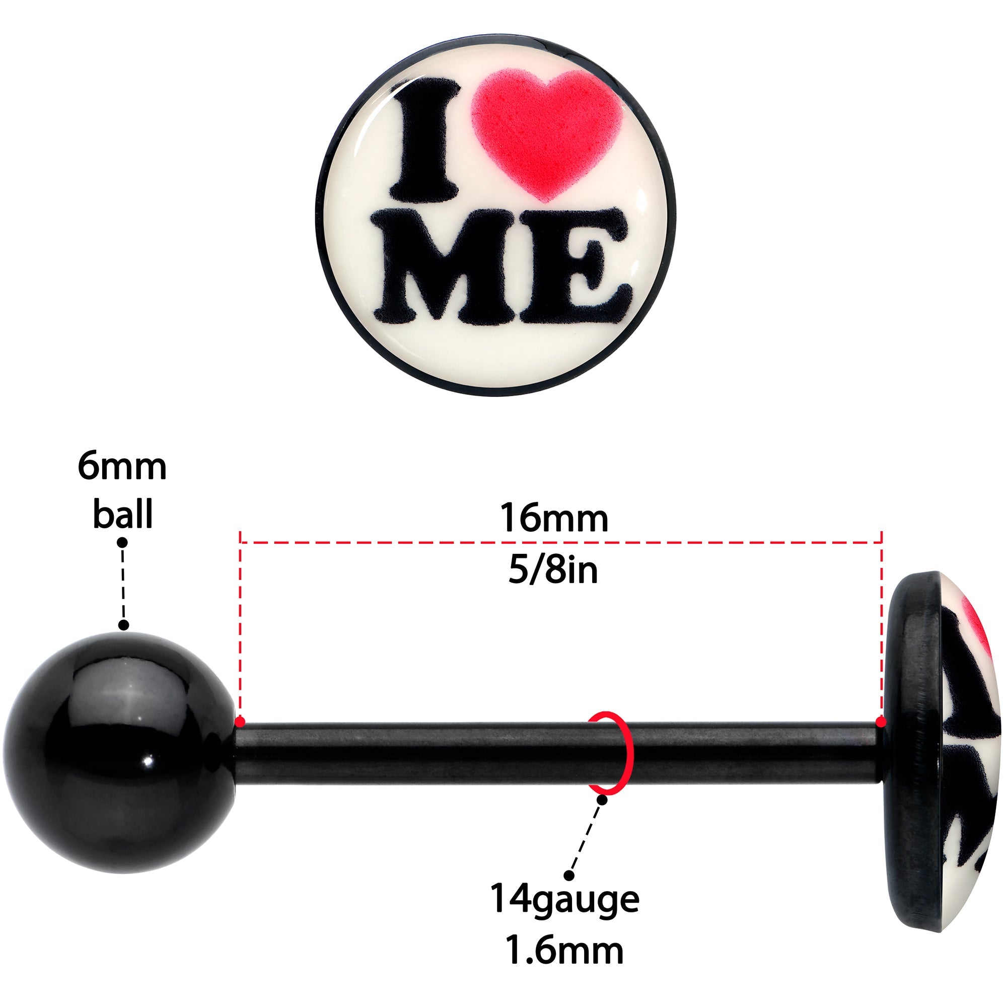 BodyCandy Black Glow in the Dark I Love Me Barbell Tongue Ring by Onyx O — size reference