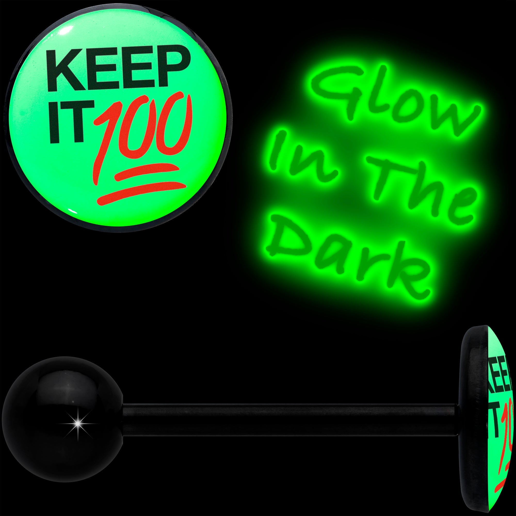 BodyCandy Glow in the Dark Black Anodized Keep it 100 Barbell Tongue Ring by Onyx O — detail close-up
