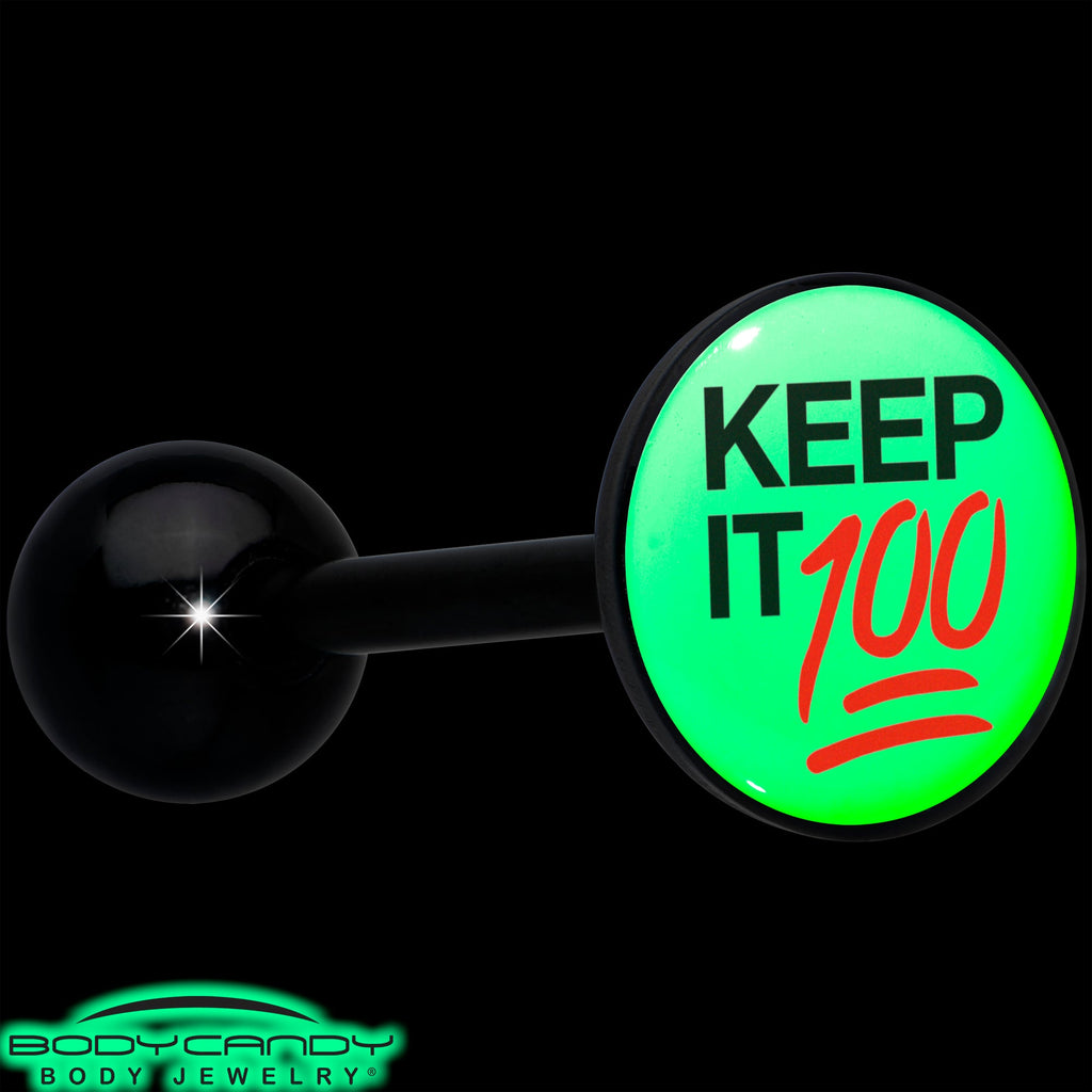 BodyCandy Glow in the Dark Black Anodized Keep it 100 Barbell Tongue Ring by Onyx O — alternative angle