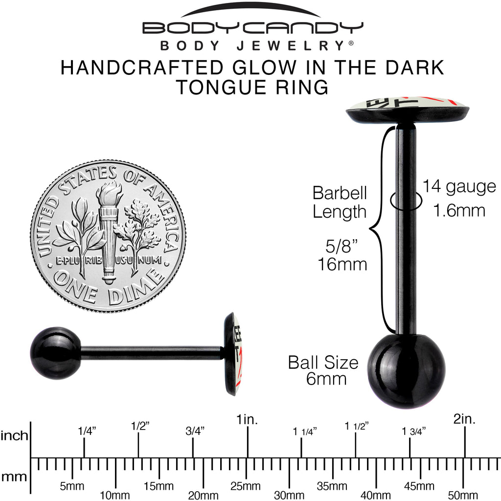 BodyCandy Glow in the Dark Black Anodized Keep it 100 Barbell Tongue Ring by Onyx O — in-use photo