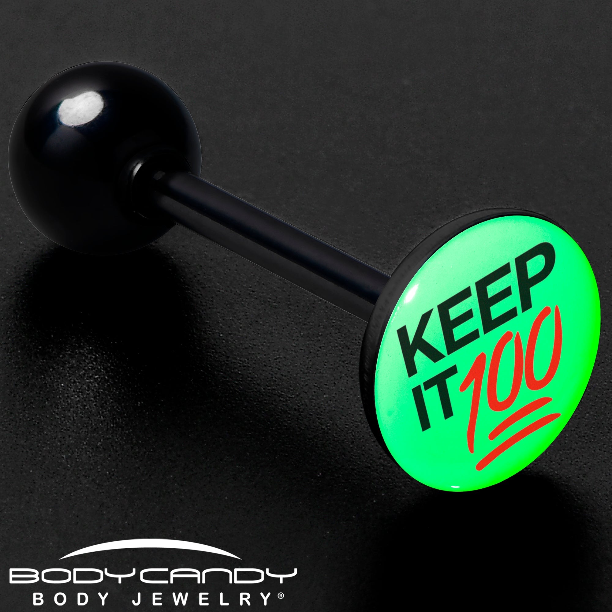 BodyCandy Glow in the Dark Black Anodized Keep it 100 Barbell Tongue Ring by Onyx O — size reference