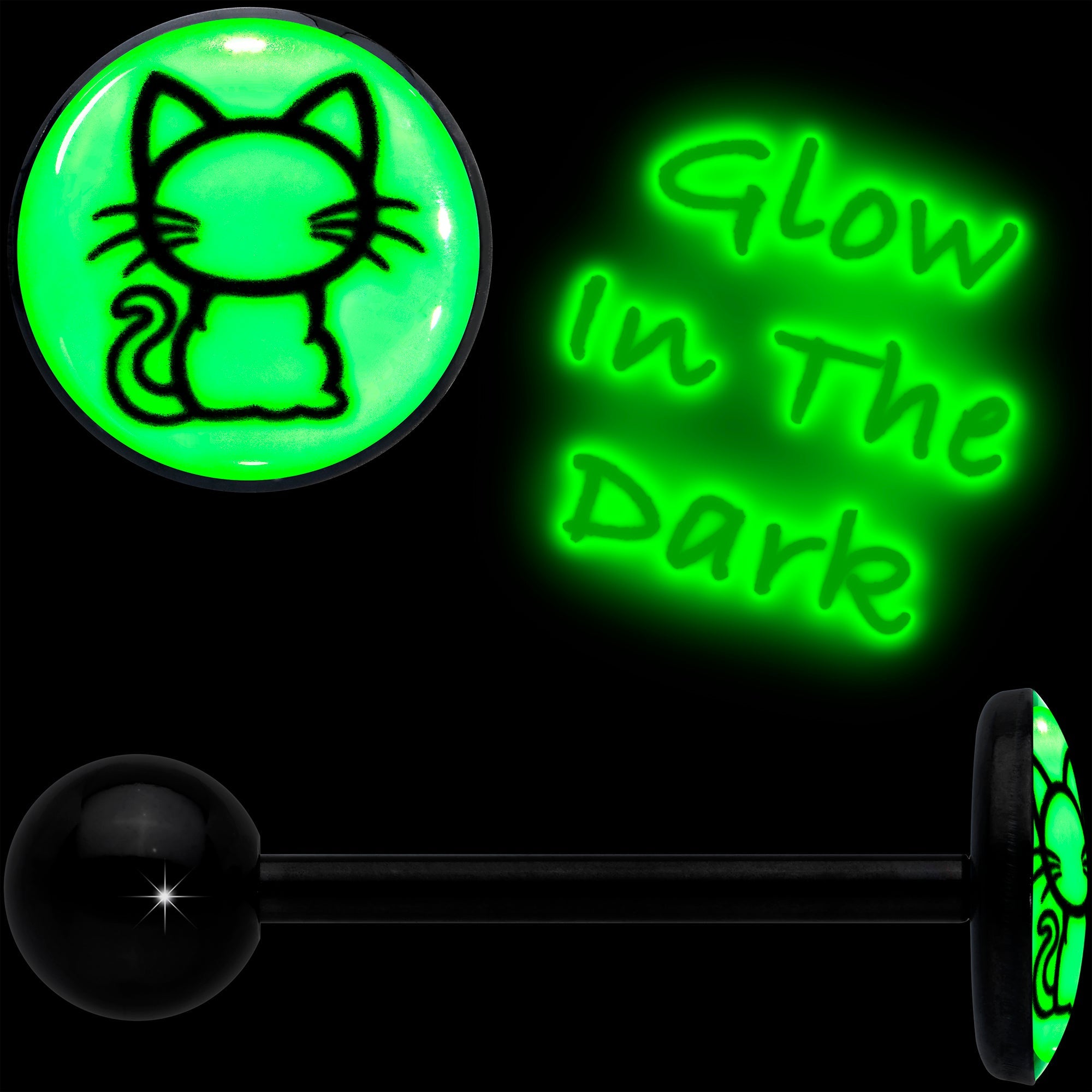 BodyCandy Glow in the Dark Black Anodized Kitty Cat Barbell Tongue Ring by Onyx O — detail close-up