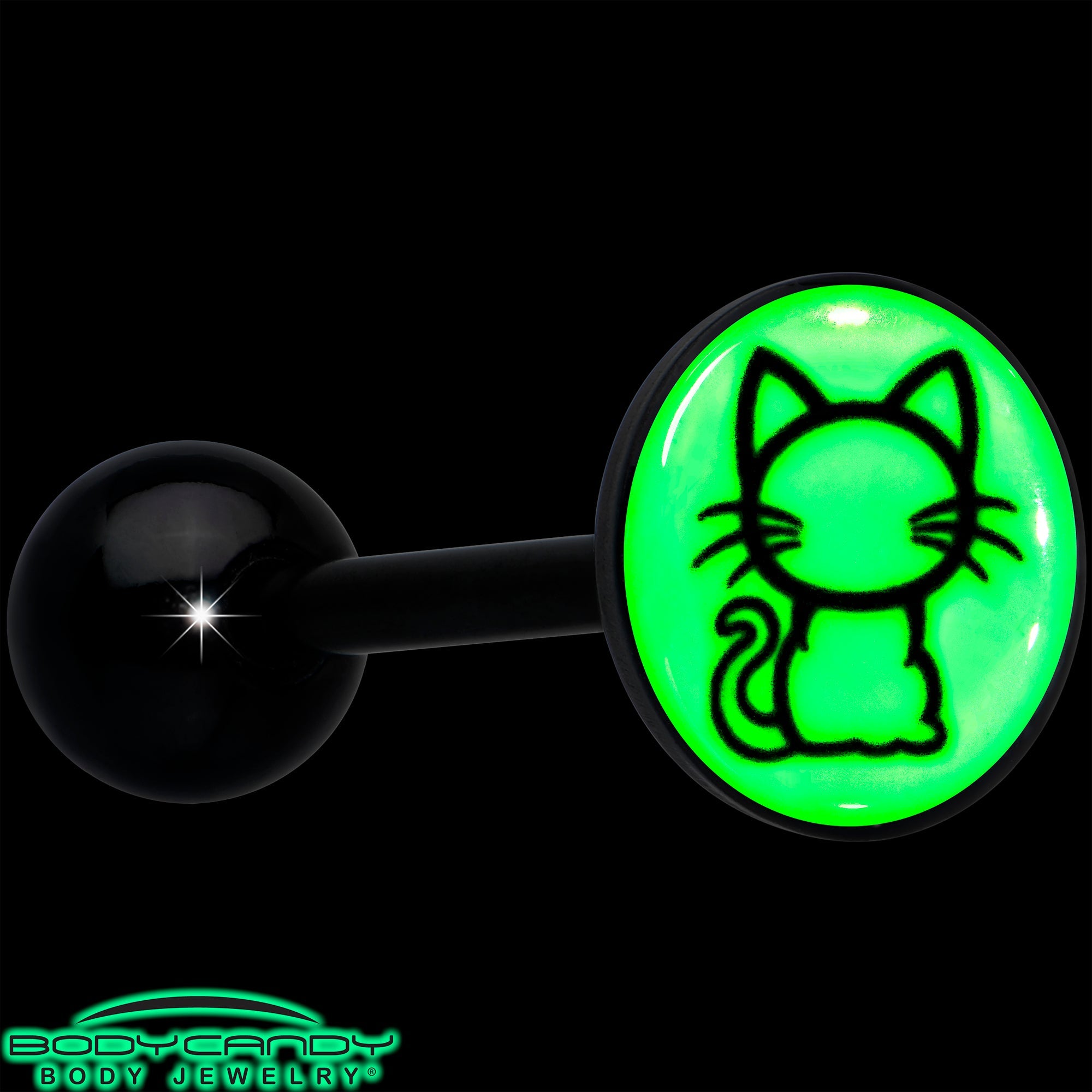 BodyCandy Glow in the Dark Black Anodized Kitty Cat Barbell Tongue Ring by Onyx O — alternative angle