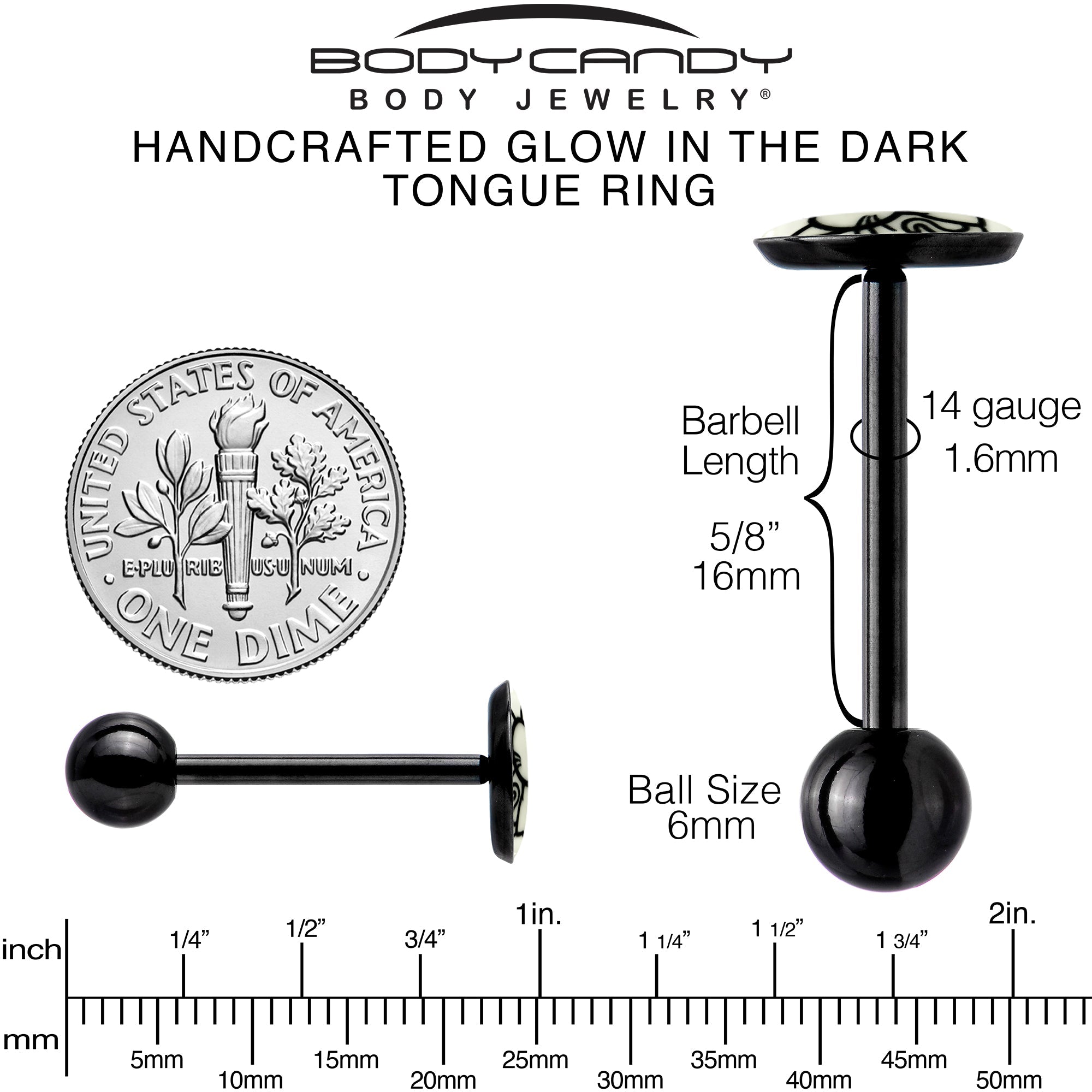 BodyCandy Glow in the Dark Black Anodized Kitty Cat Barbell Tongue Ring by Onyx O — in-use photo