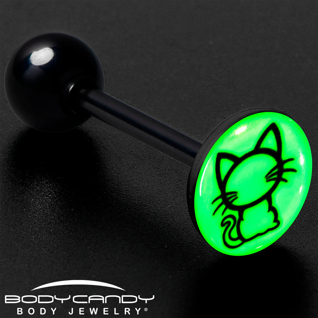 BodyCandy Glow in the Dark Black Anodized Kitty Cat Barbell Tongue Ring by Onyx O — size reference