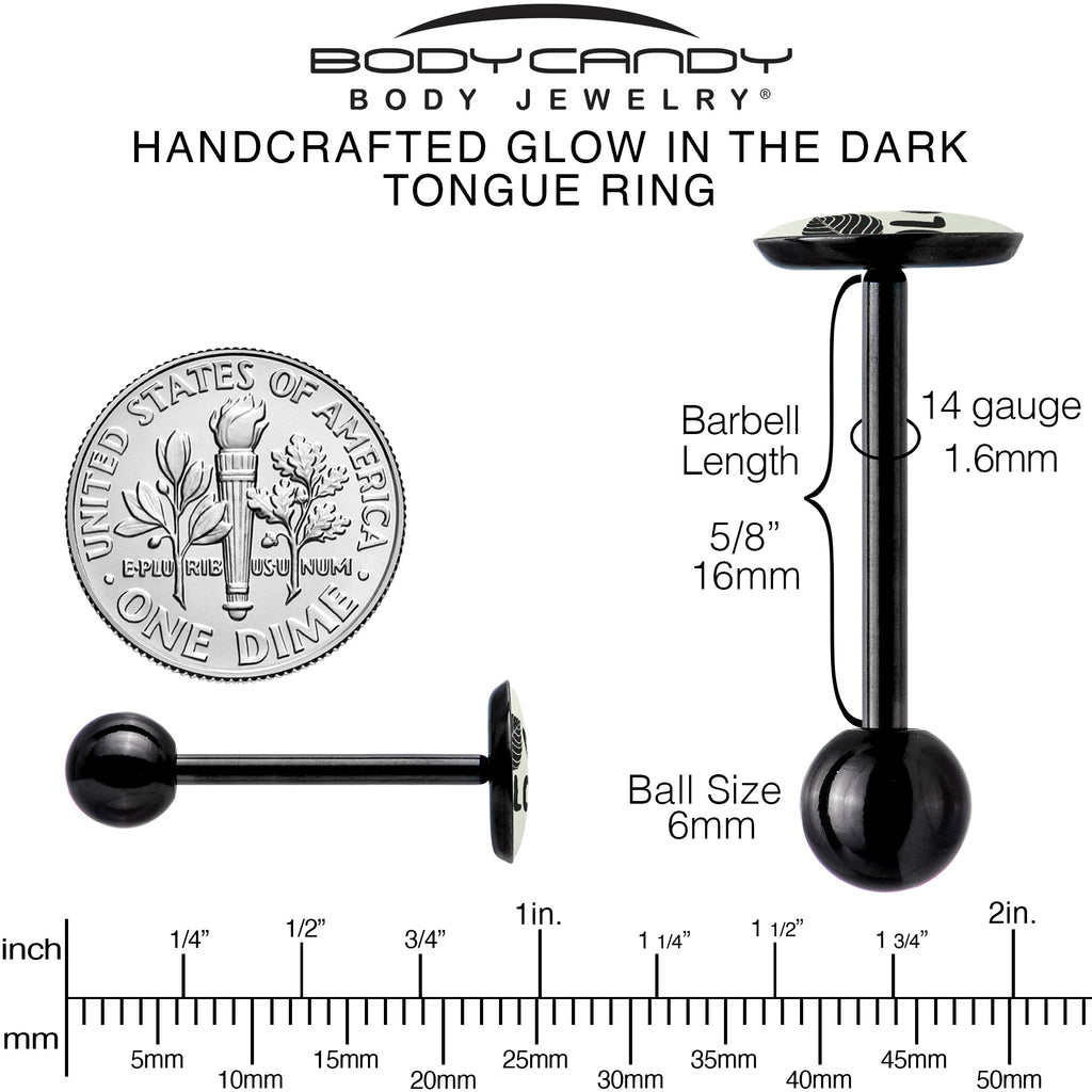BodyCandy Glow in the Dark Black Anodized Leaf Me Alone Barbell Tongue Ring by Onyx O — in-use photo