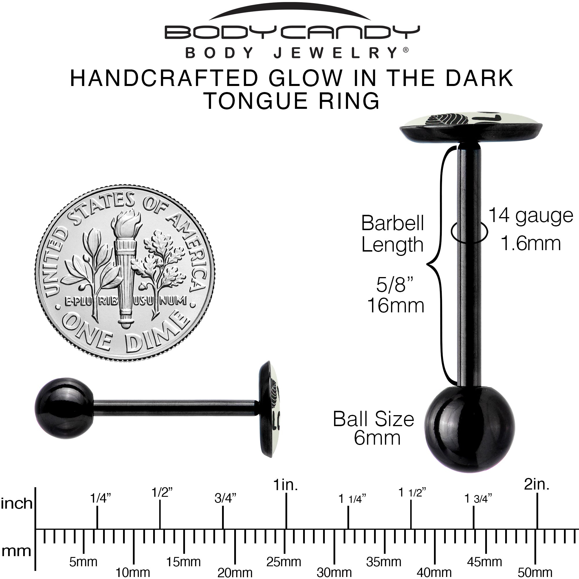 BodyCandy Glow in the Dark Black Anodized Leaf Me Alone Barbell Tongue Ring by Onyx O — in-use photo