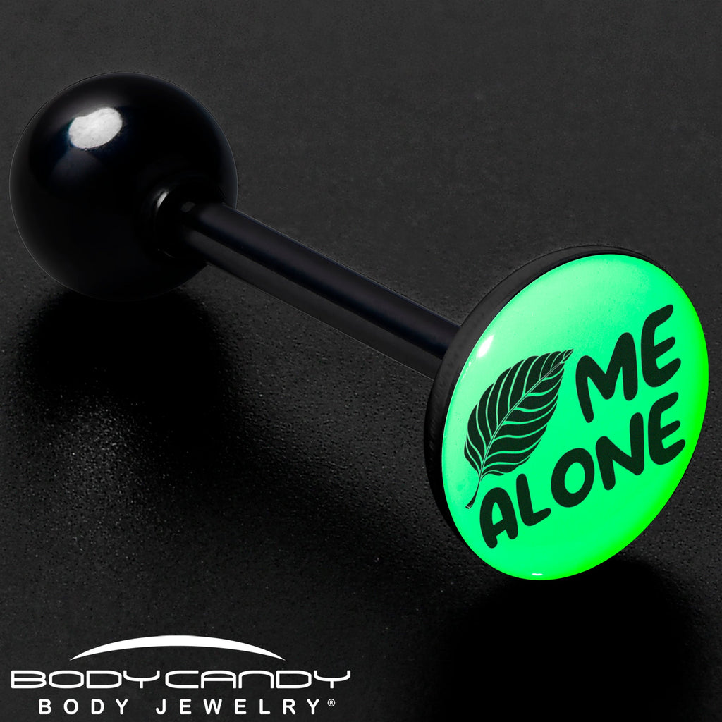 BodyCandy Glow in the Dark Black Anodized Leaf Me Alone Barbell Tongue Ring by Onyx O — size reference