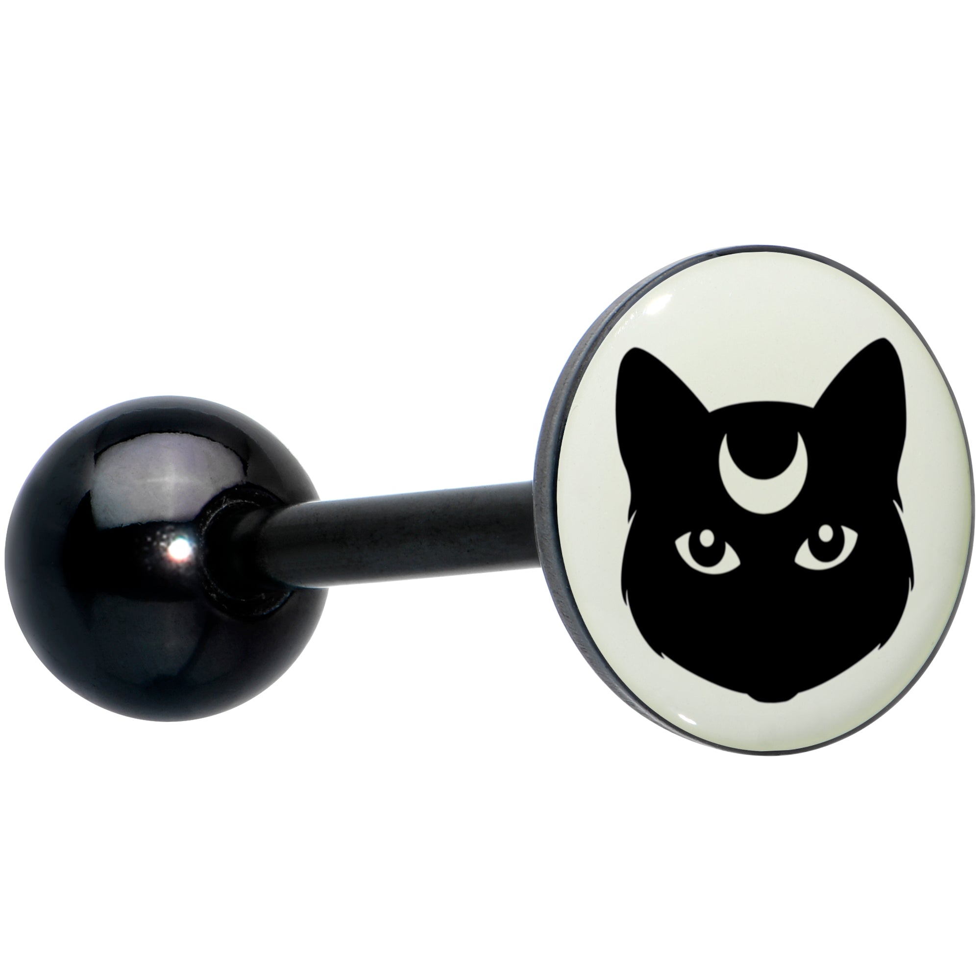 BodyCandy Glow in the Dark Black Anodized Mystic Kitty Cat Barbell Tongue Ring by Onyx O — color detail
