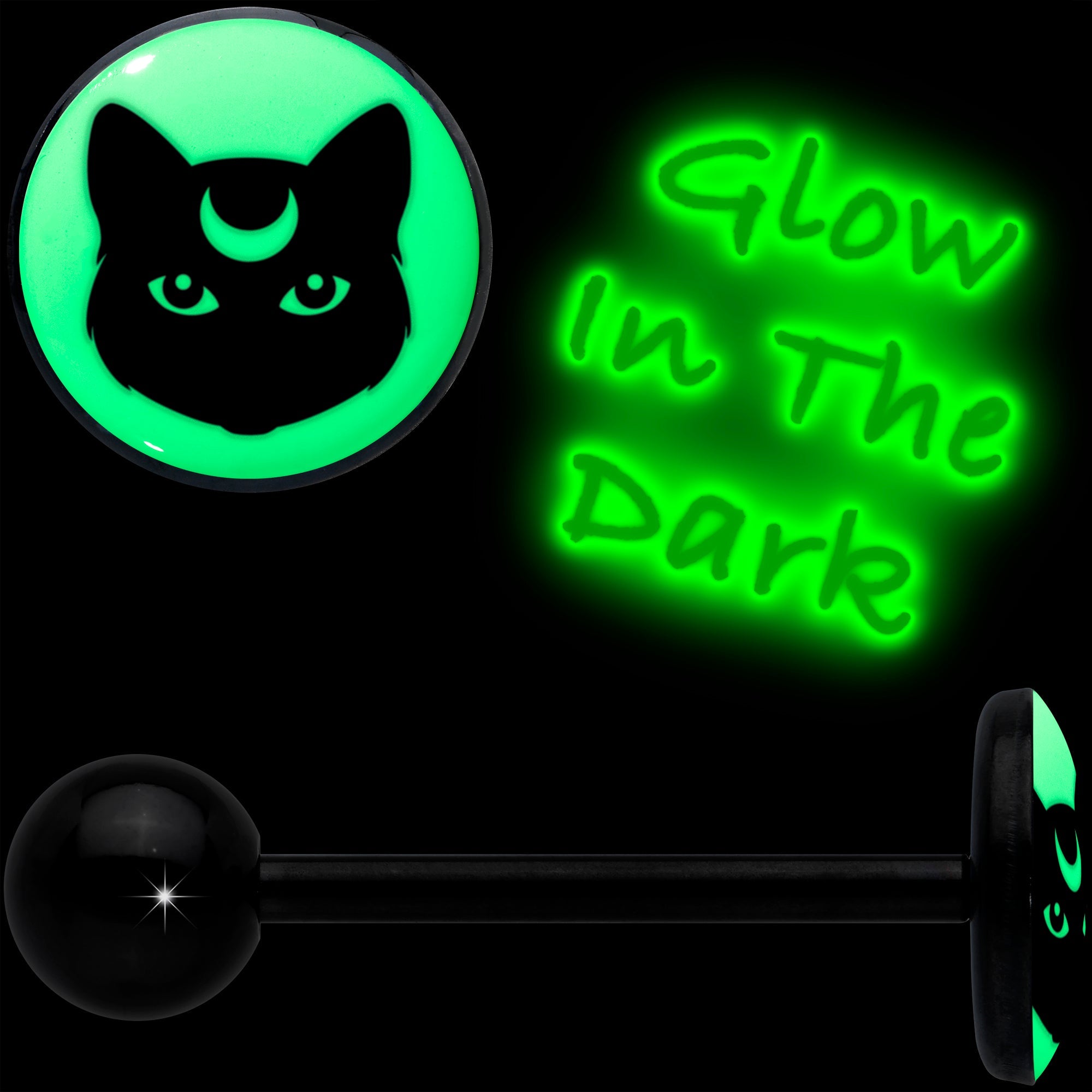 BodyCandy Glow in the Dark Black Anodized Mystic Kitty Cat Barbell Tongue Ring by Onyx O — detail close-up