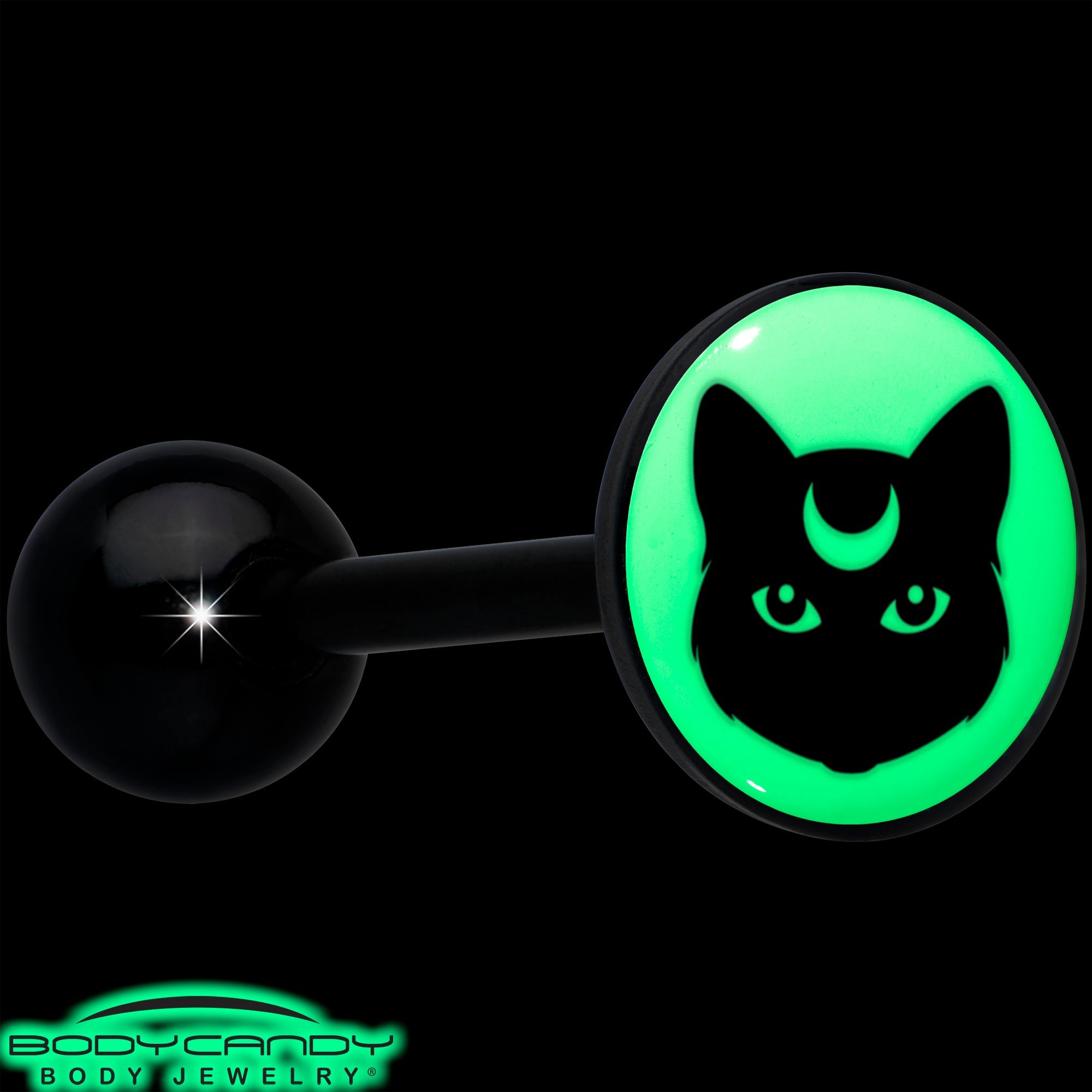 BodyCandy Glow in the Dark Black Anodized Mystic Kitty Cat Barbell Tongue Ring by Onyx O — alternative angle
