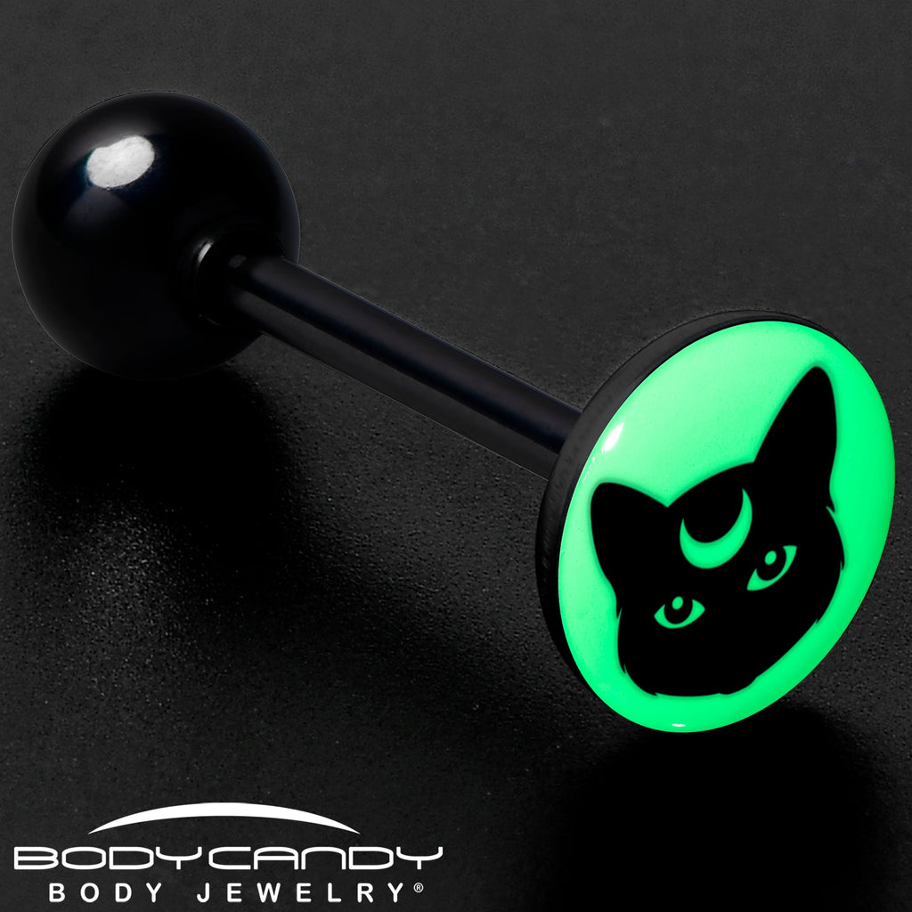 BodyCandy Glow in the Dark Black Anodized Mystic Kitty Cat Barbell Tongue Ring by Onyx O — size reference