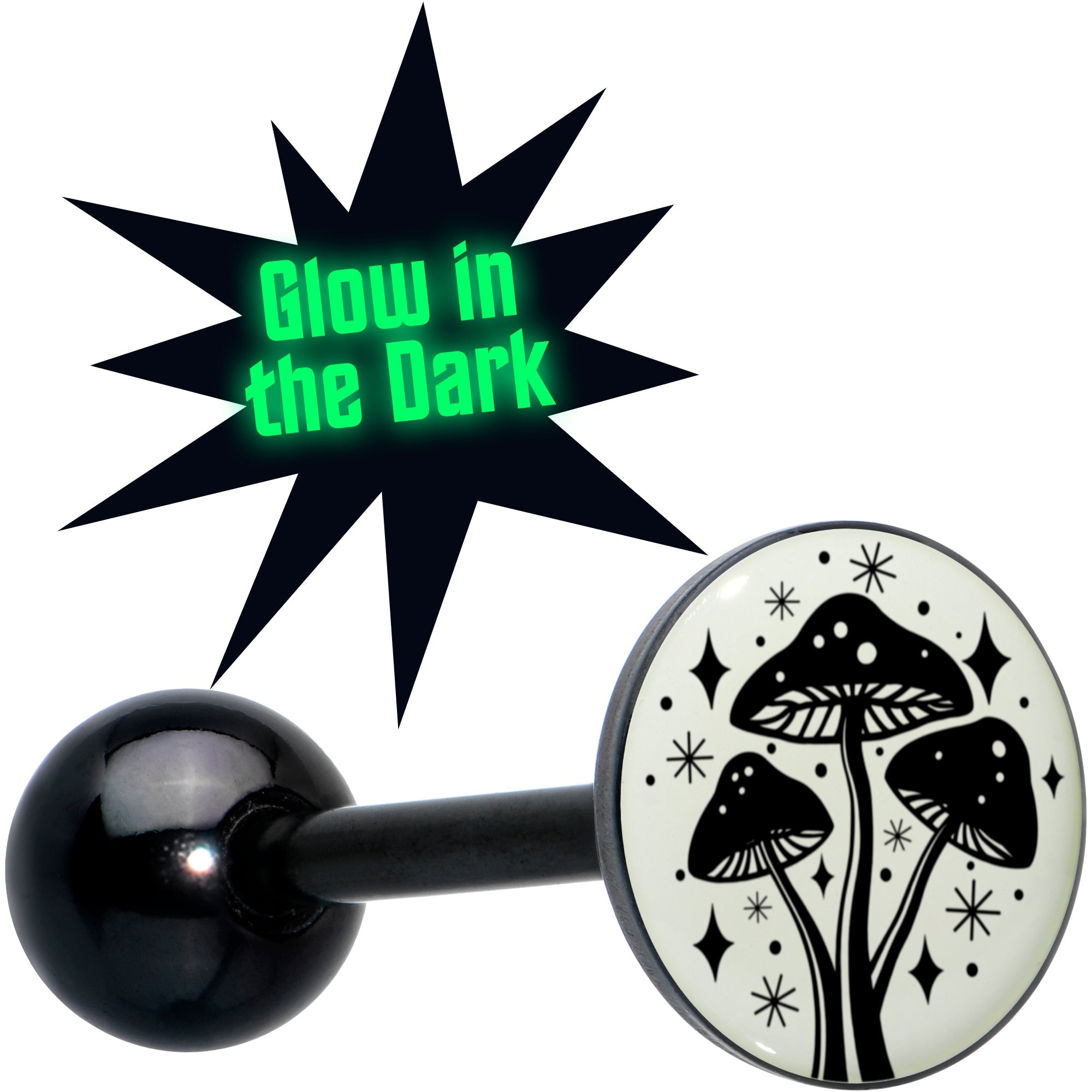 BodyCandy Glow in the Dark Black Anodized Mystic Mushroom Barbell Tongue Ring by Onyx O — main product shot