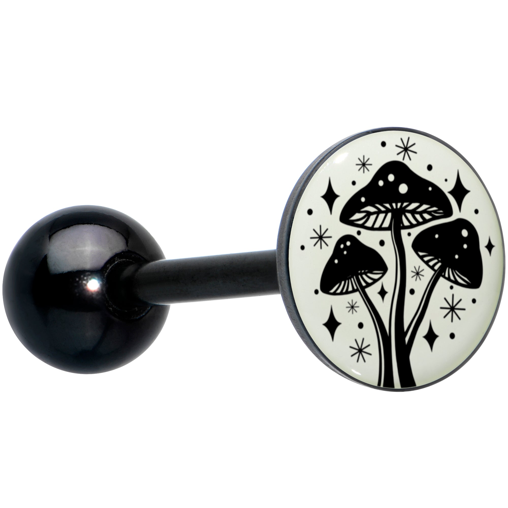 BodyCandy Glow in the Dark Black Anodized Mystic Mushroom Barbell Tongue Ring by Onyx O — color detail