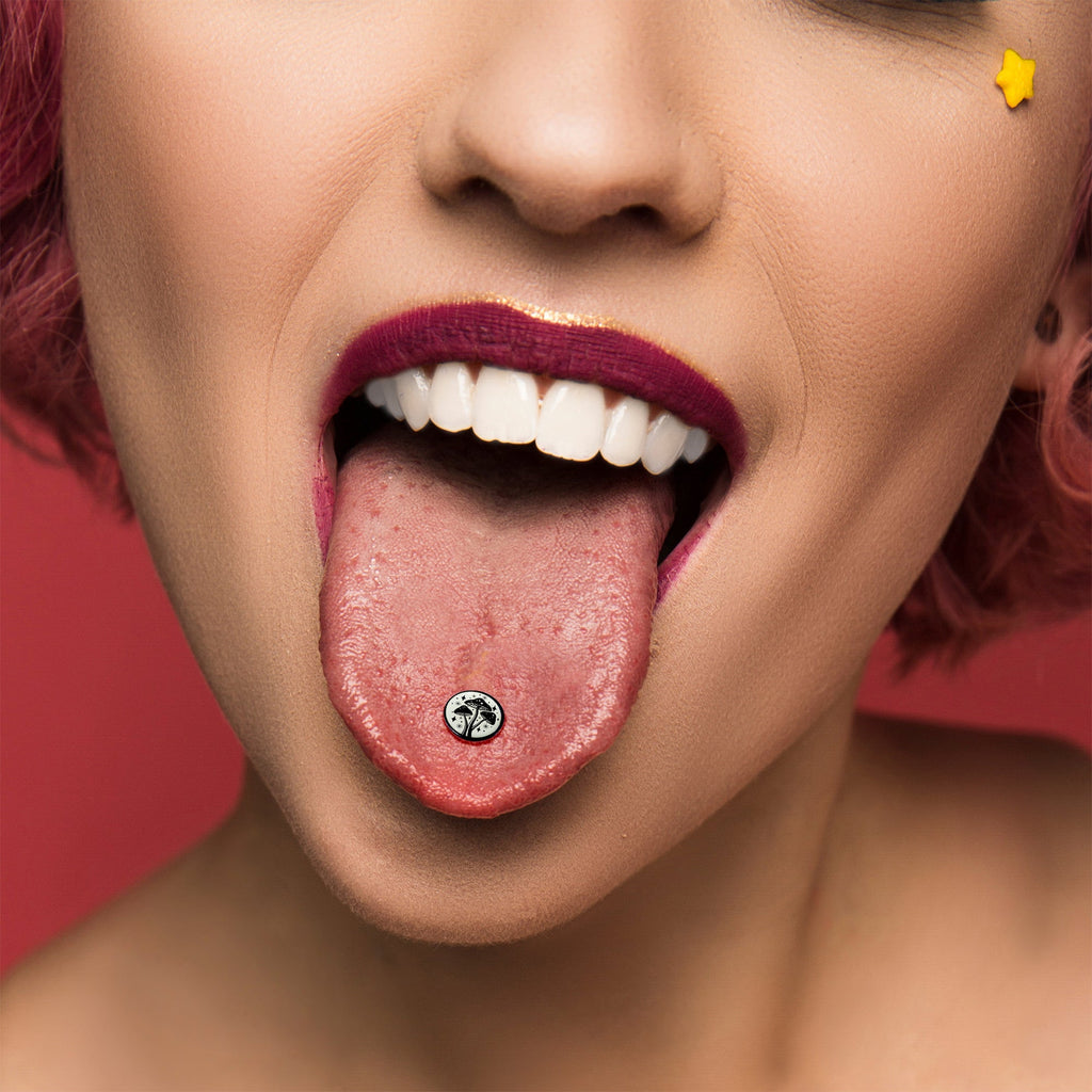 BodyCandy Glow in the Dark Black Anodized Mystic Mushroom Barbell Tongue Ring by Onyx O — lifestyle context