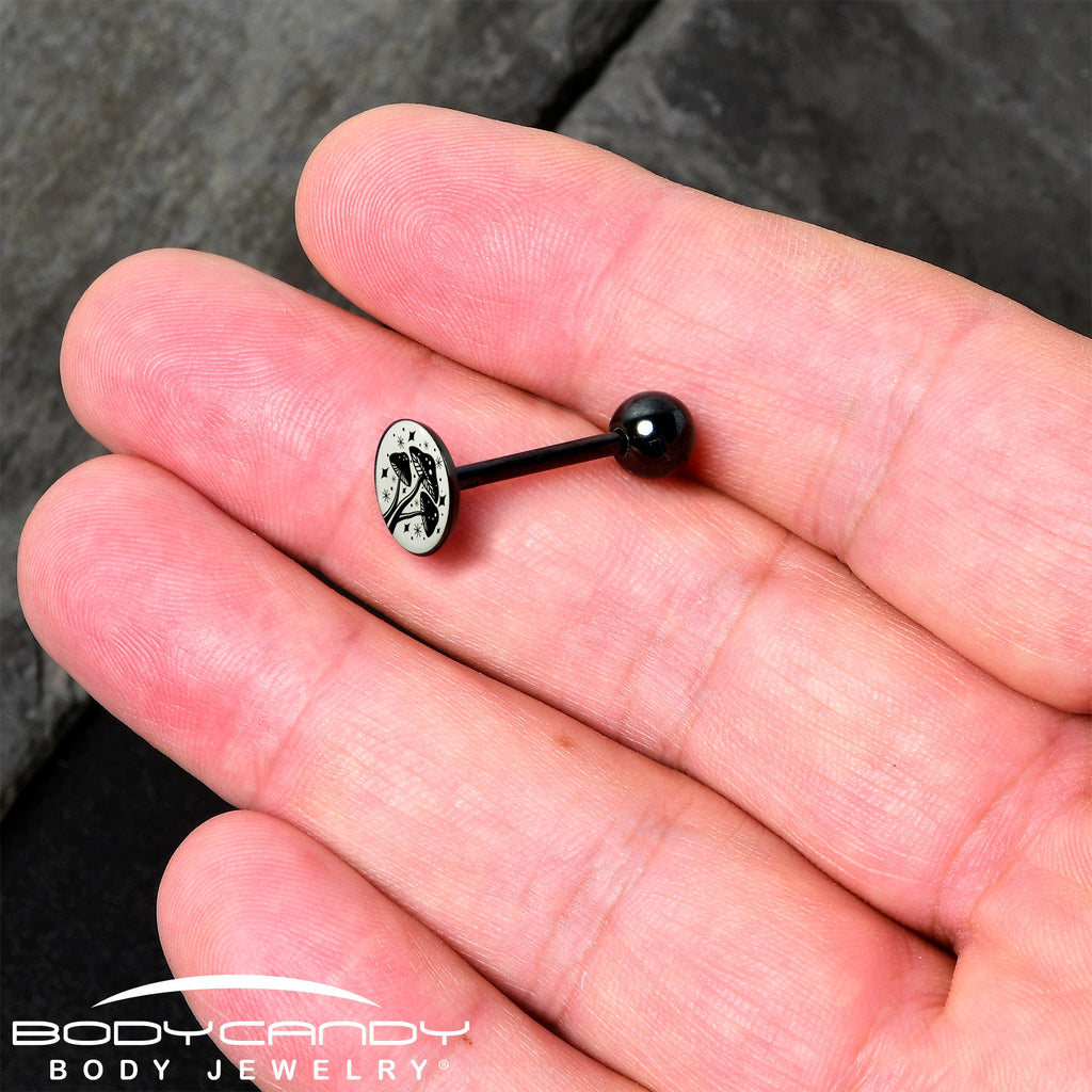 BodyCandy Glow in the Dark Black Anodized Mystic Mushroom Barbell Tongue Ring by Onyx O — side view