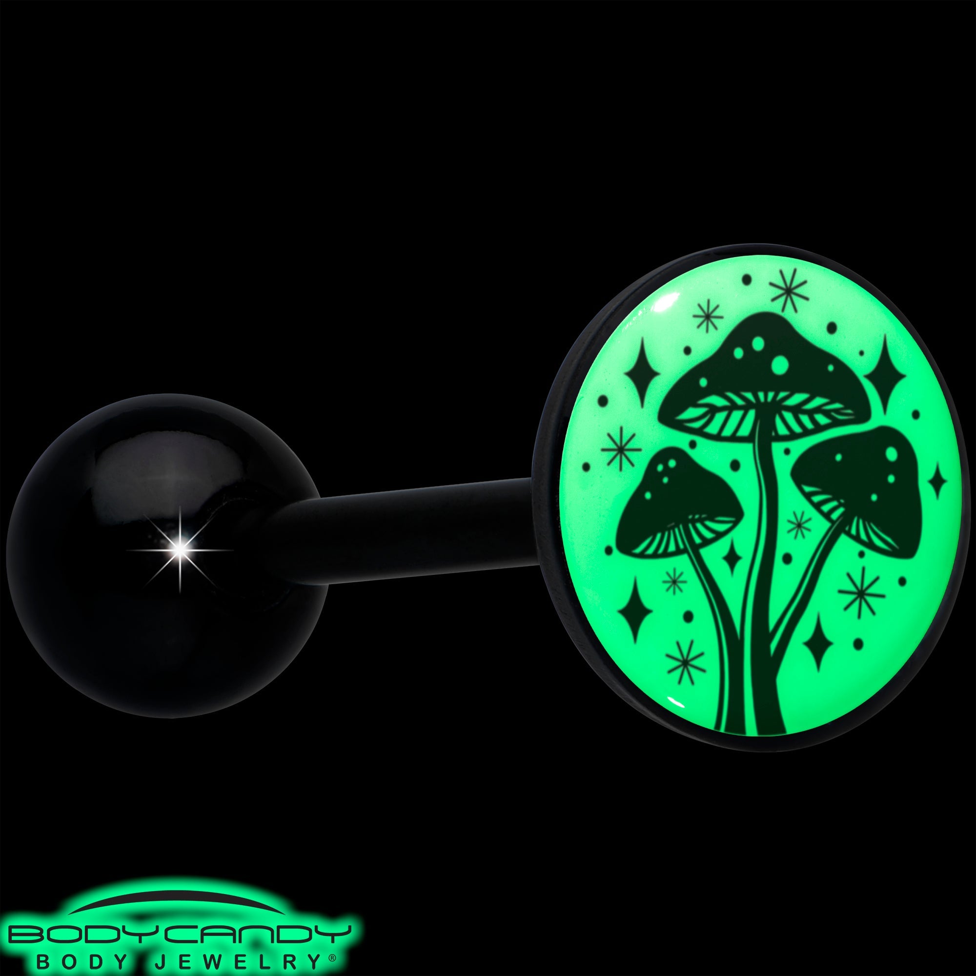 BodyCandy Glow in the Dark Black Anodized Mystic Mushroom Barbell Tongue Ring by Onyx O — alternative angle