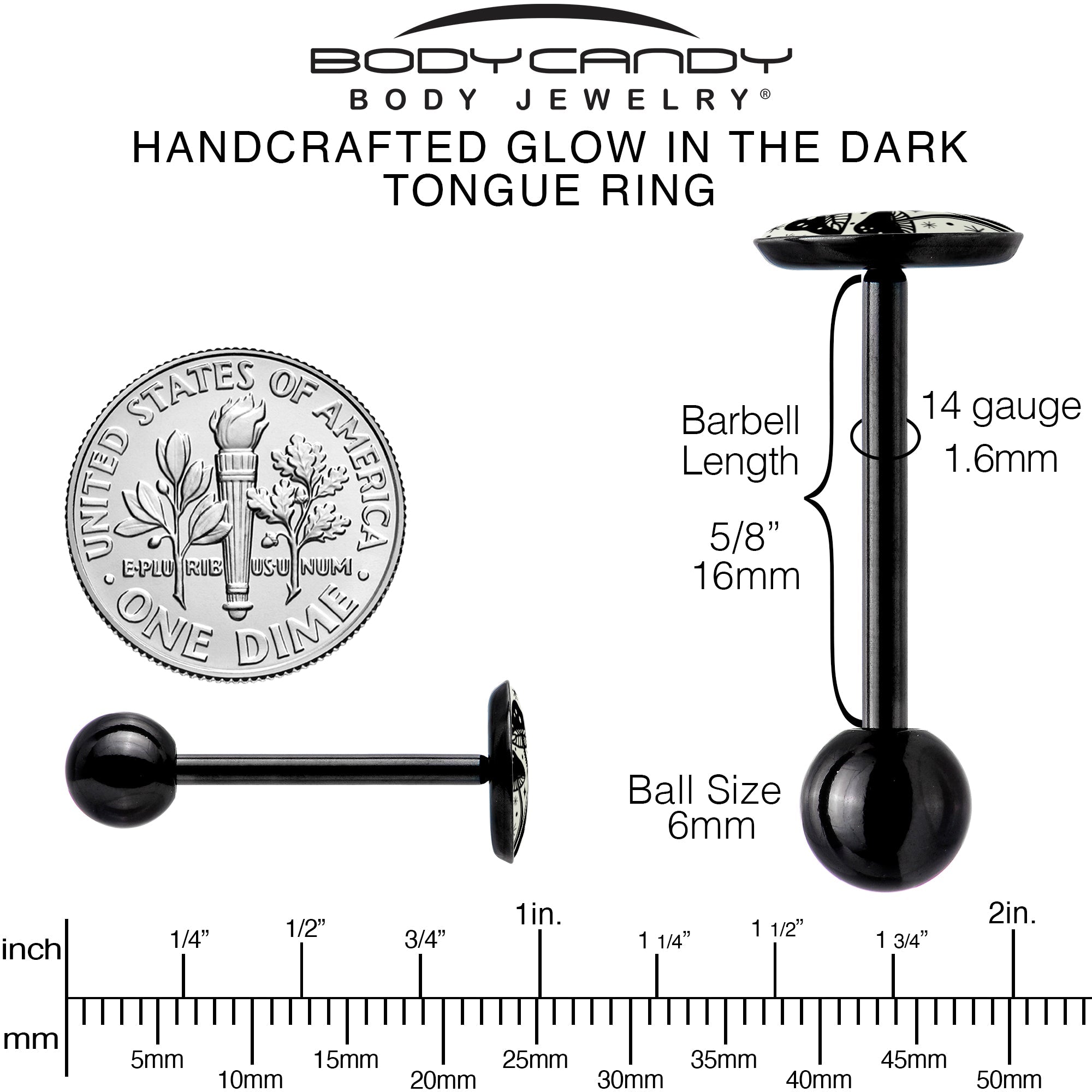 BodyCandy Glow in the Dark Black Anodized Mystic Mushroom Barbell Tongue Ring by Onyx O — in-use photo