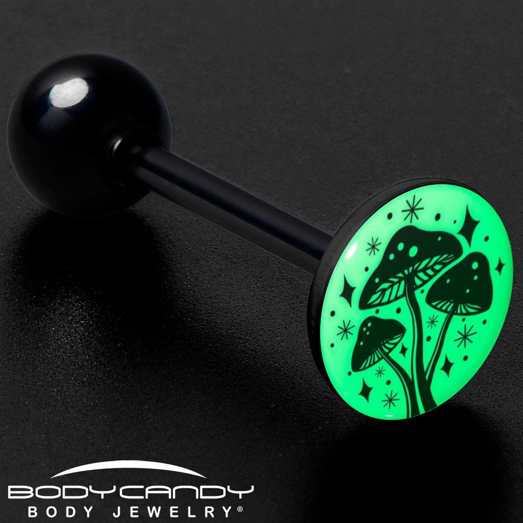 BodyCandy Glow in the Dark Black Anodized Mystic Mushroom Barbell Tongue Ring by Onyx O — size reference